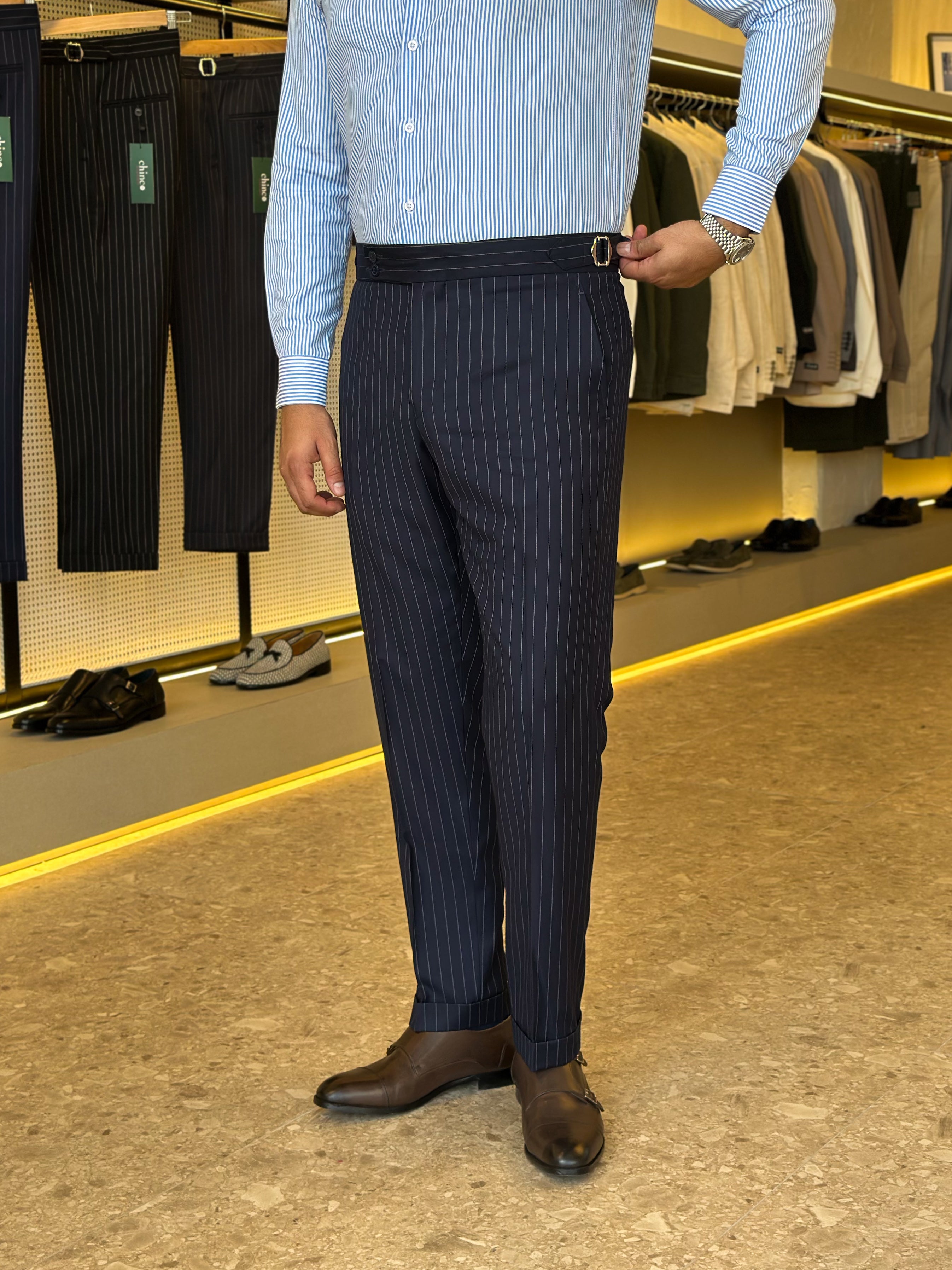 Double button chino trouser - Navy striped