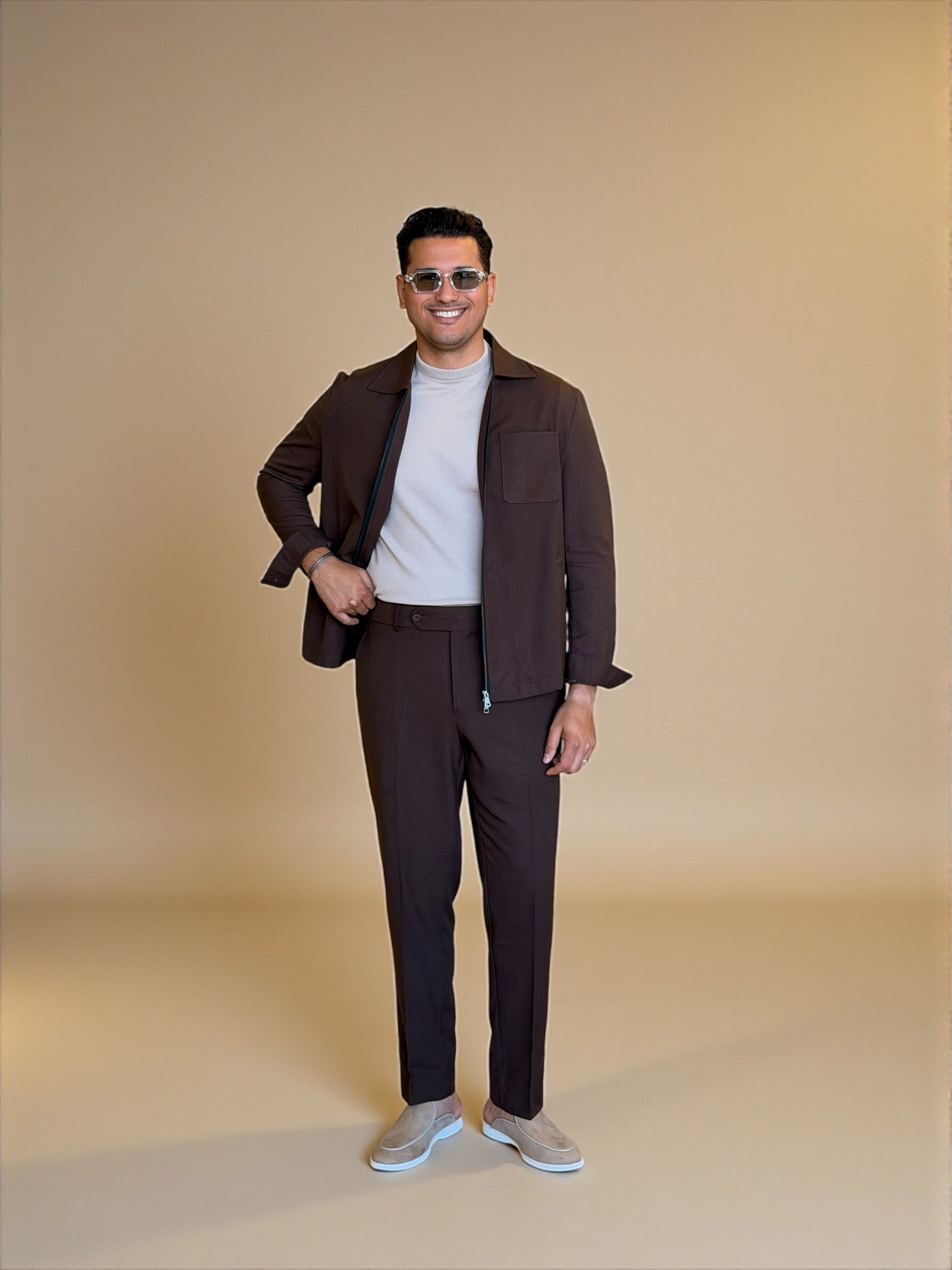 Dual zipper linen set - Brown