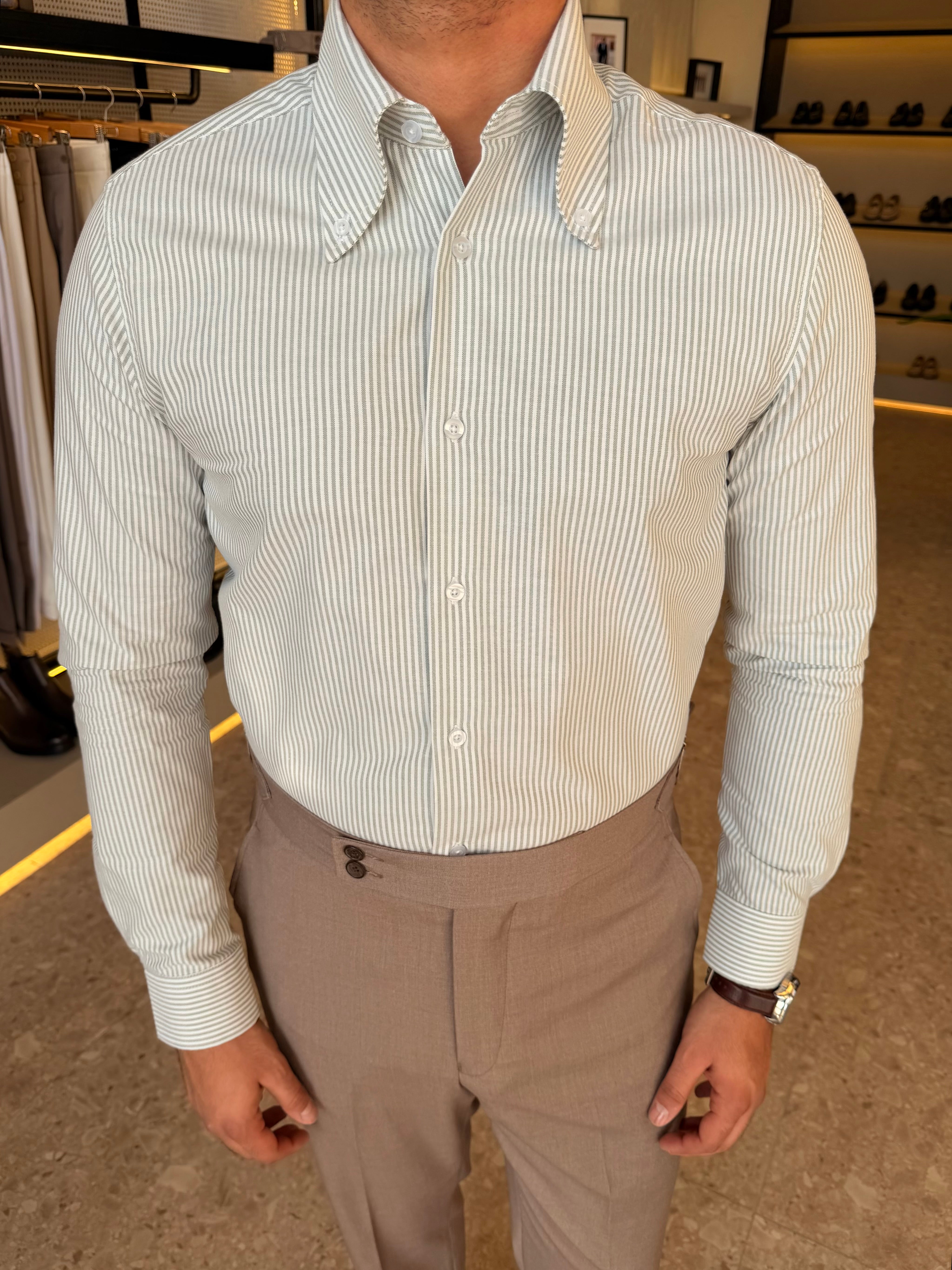 Button-Down Collar cotton Shirt – Green striped