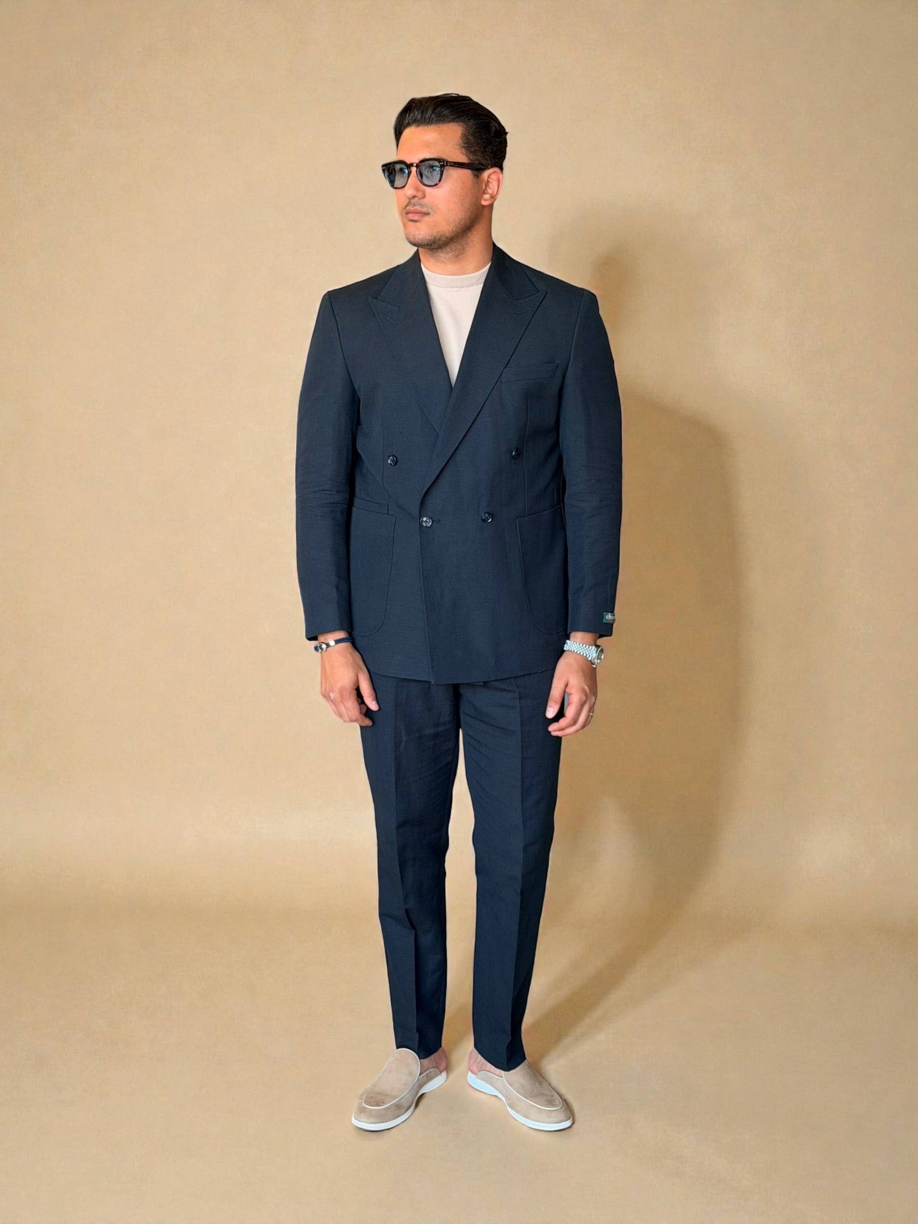 Pure linen Four button double breasted suit - Navy