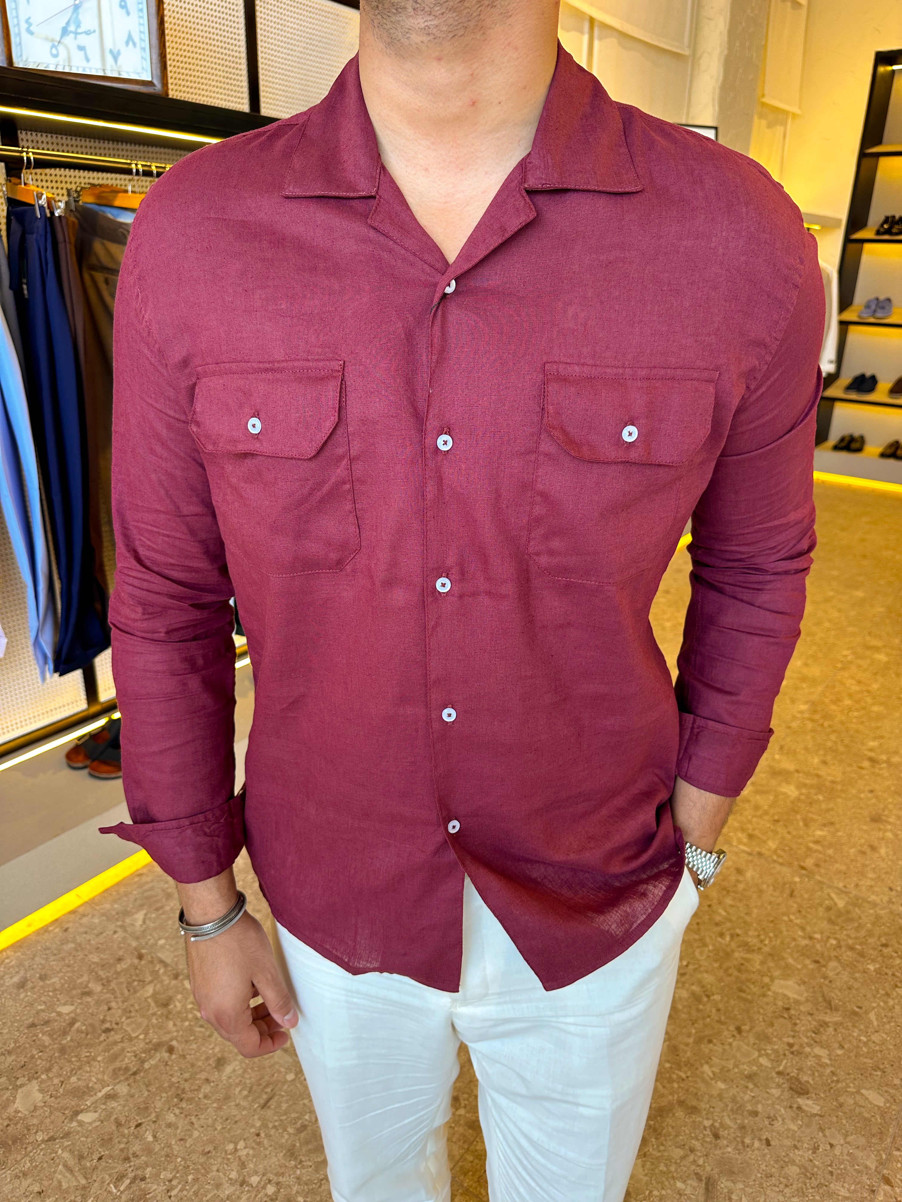 Safari pure linen chemise - burgundy