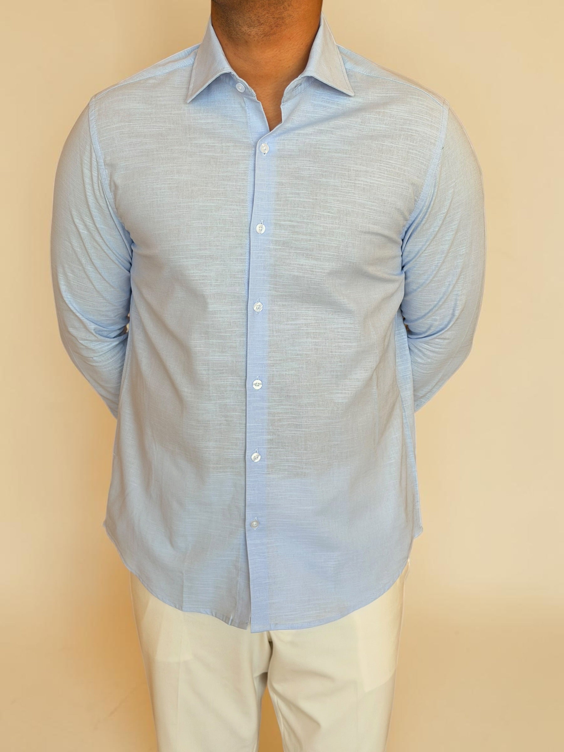 Spread collar pure linen chemise - Baby blue