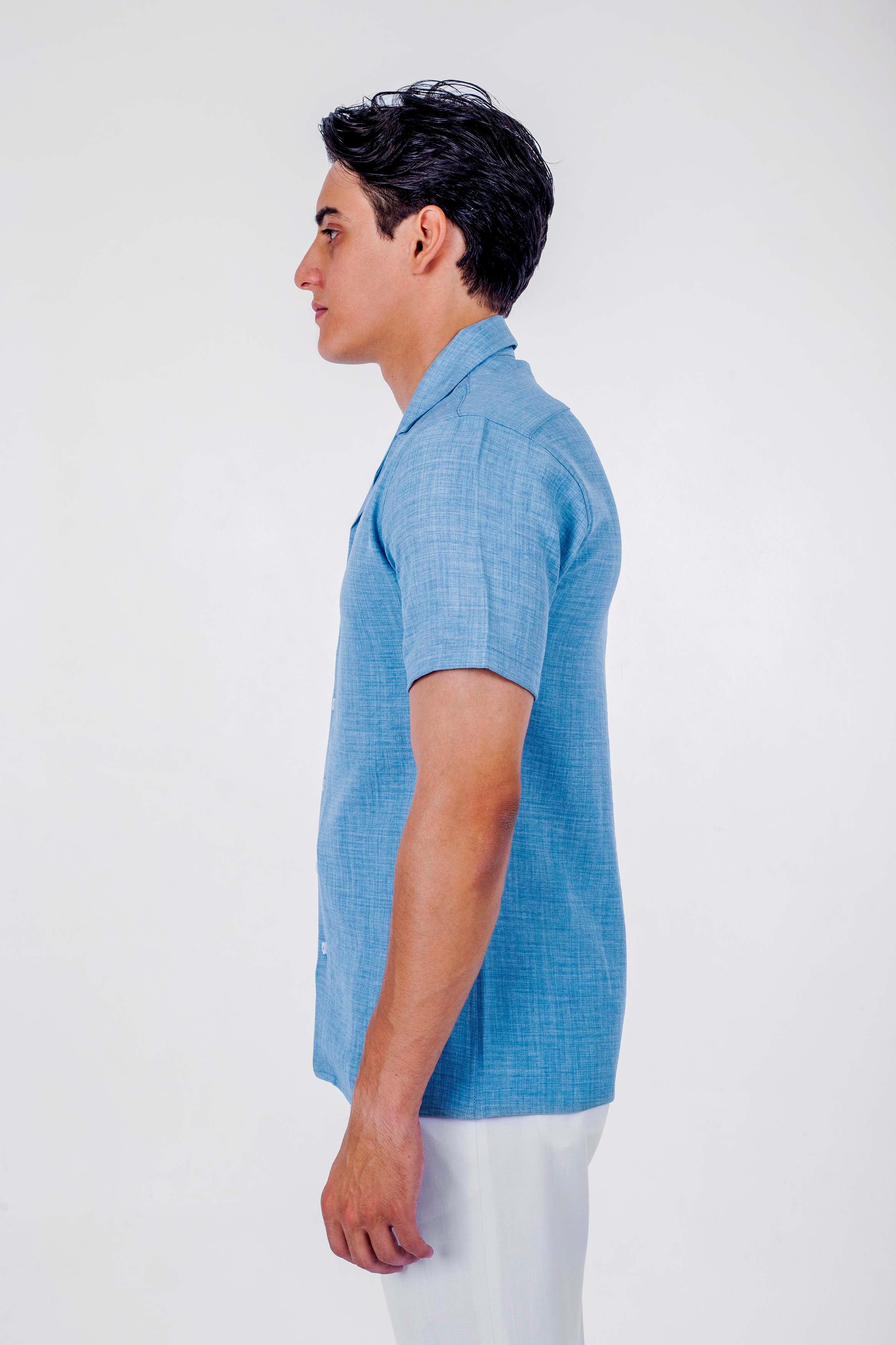 regular  fit camp  collar  linen sleeve short - Baby blue