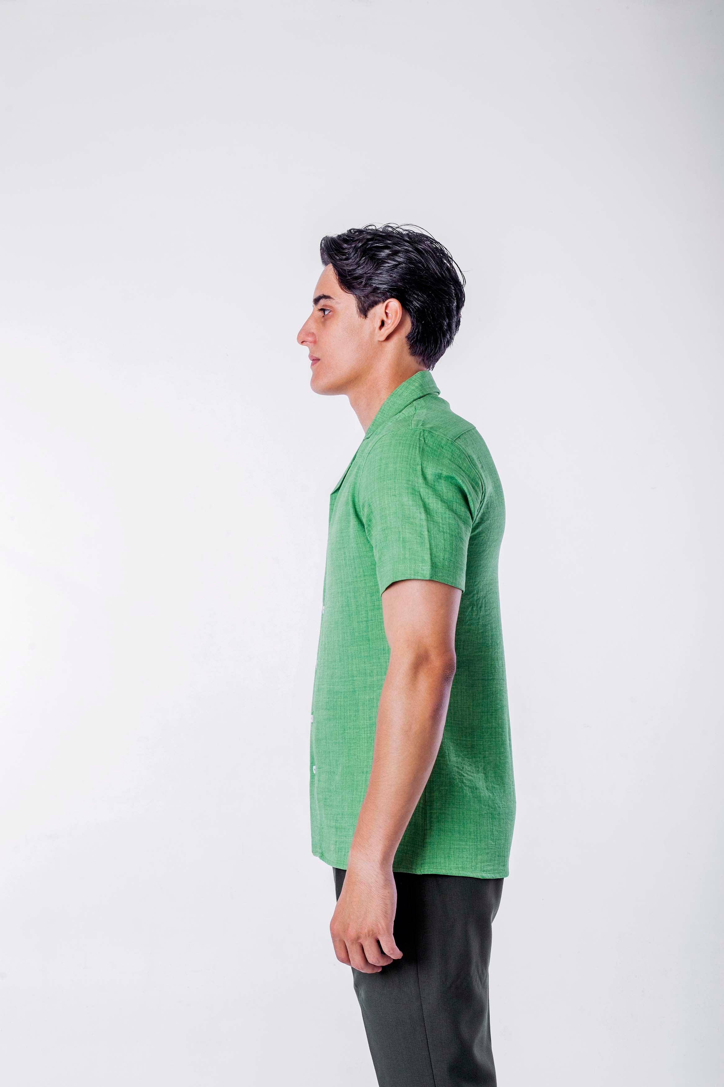 regular  fit camp  collar  linen sleeve short - green