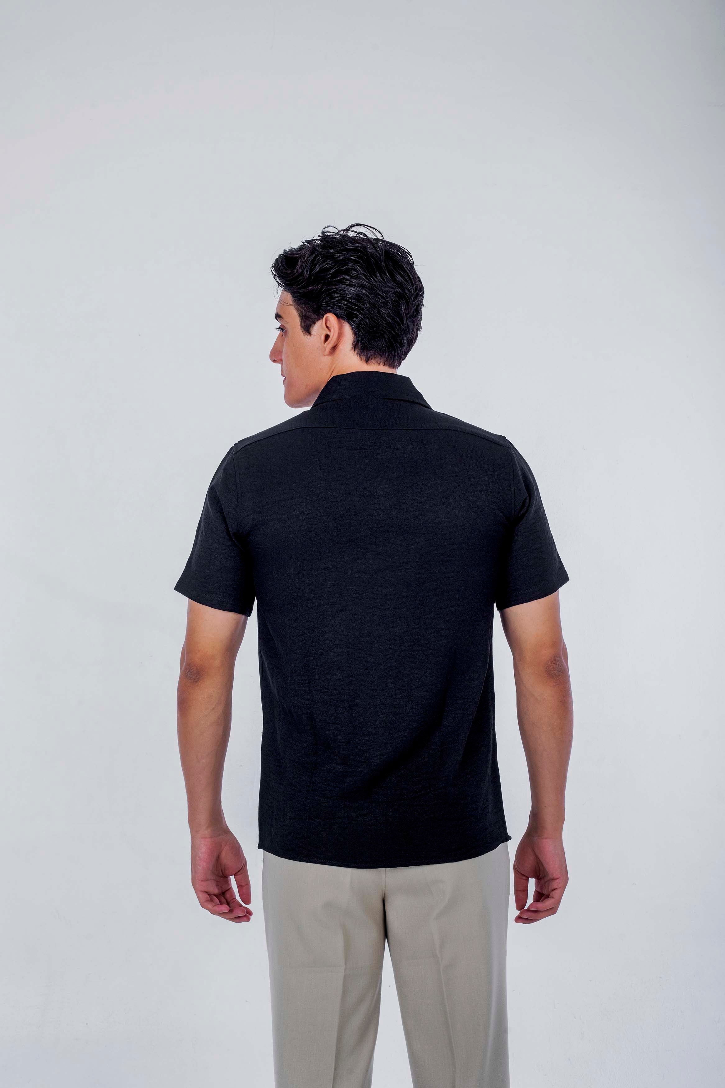 regular  fit camp  collar  linen sleeve short - Black