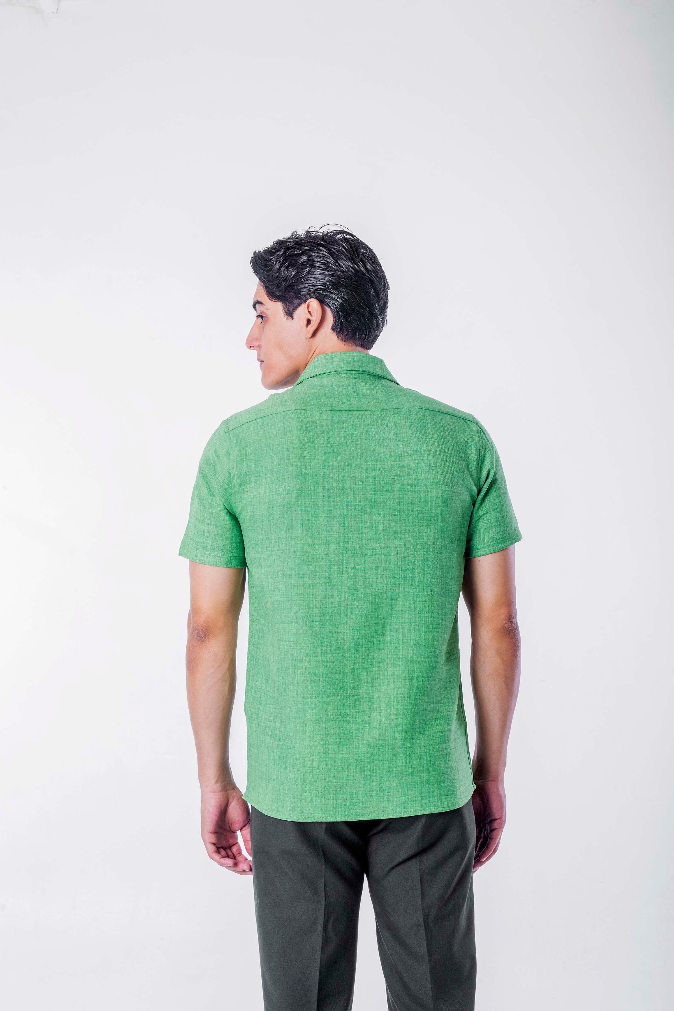 regular  fit camp  collar  linen sleeve short - green