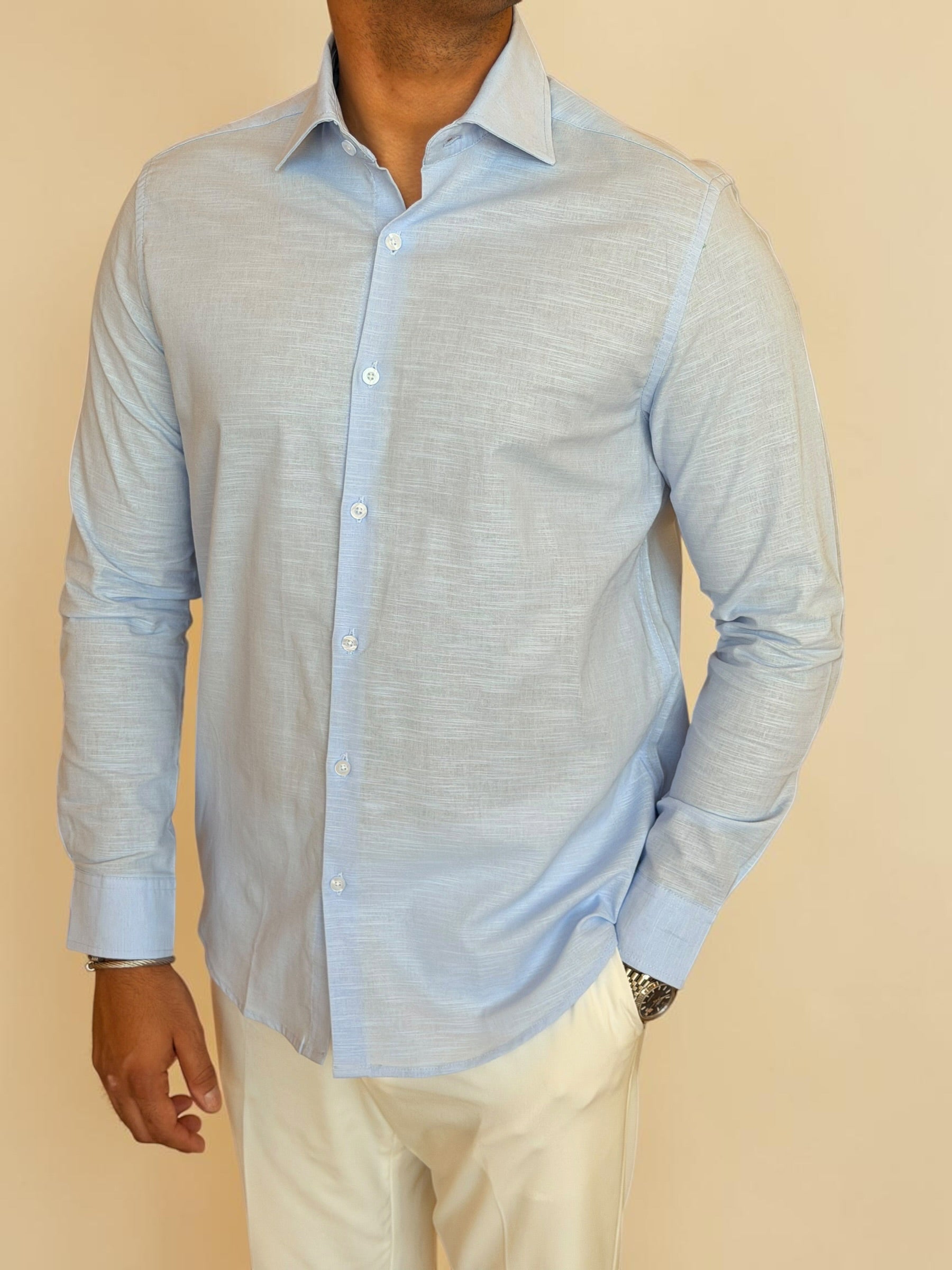 Spread collar pure linen chemise - Baby blue