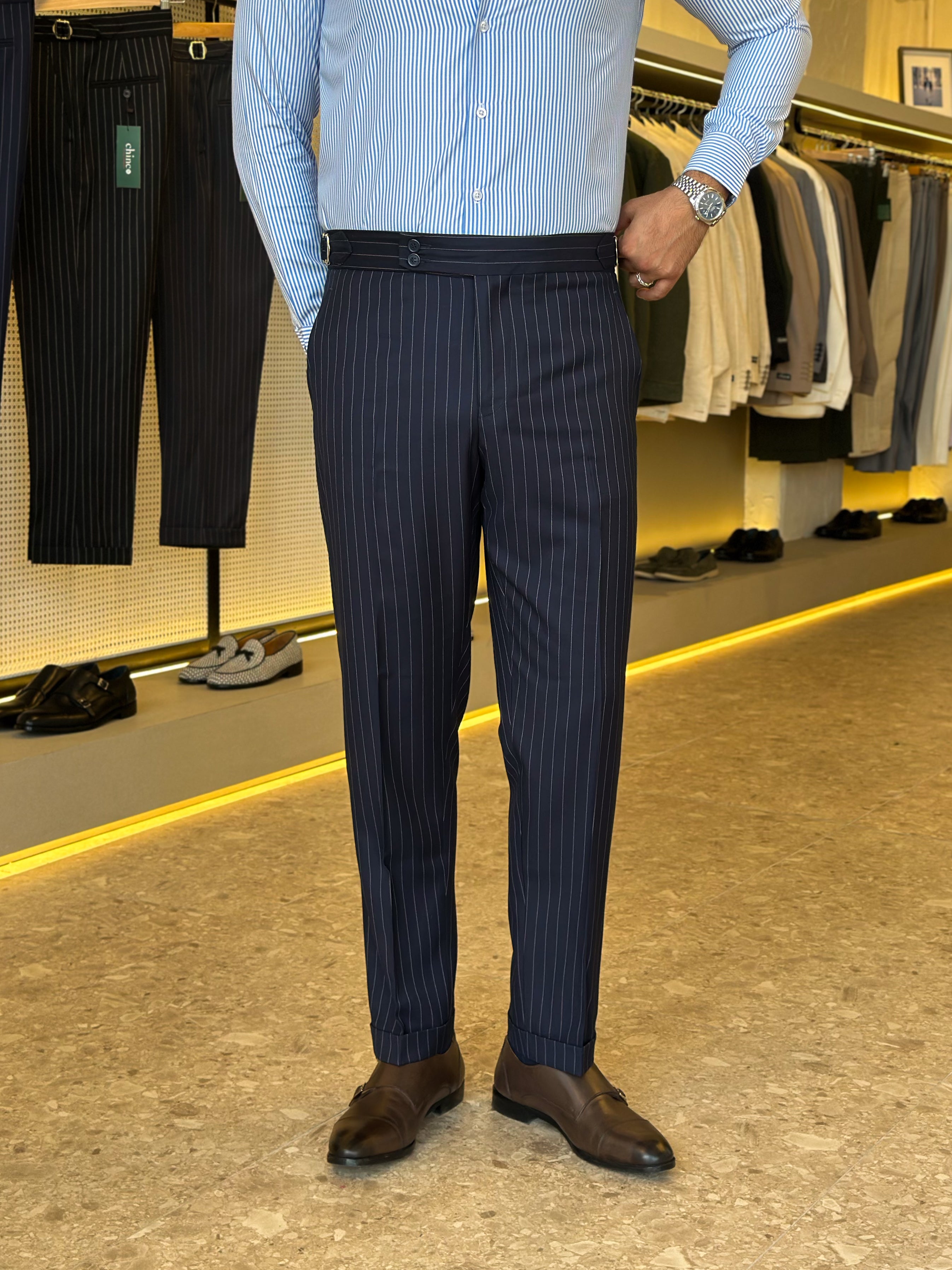 Double button chino trouser - Navy striped