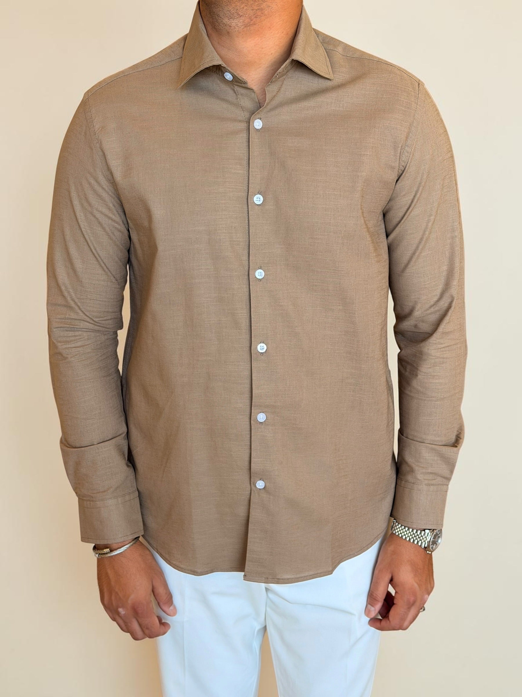 Spread collar pure linen chemise - Cacao