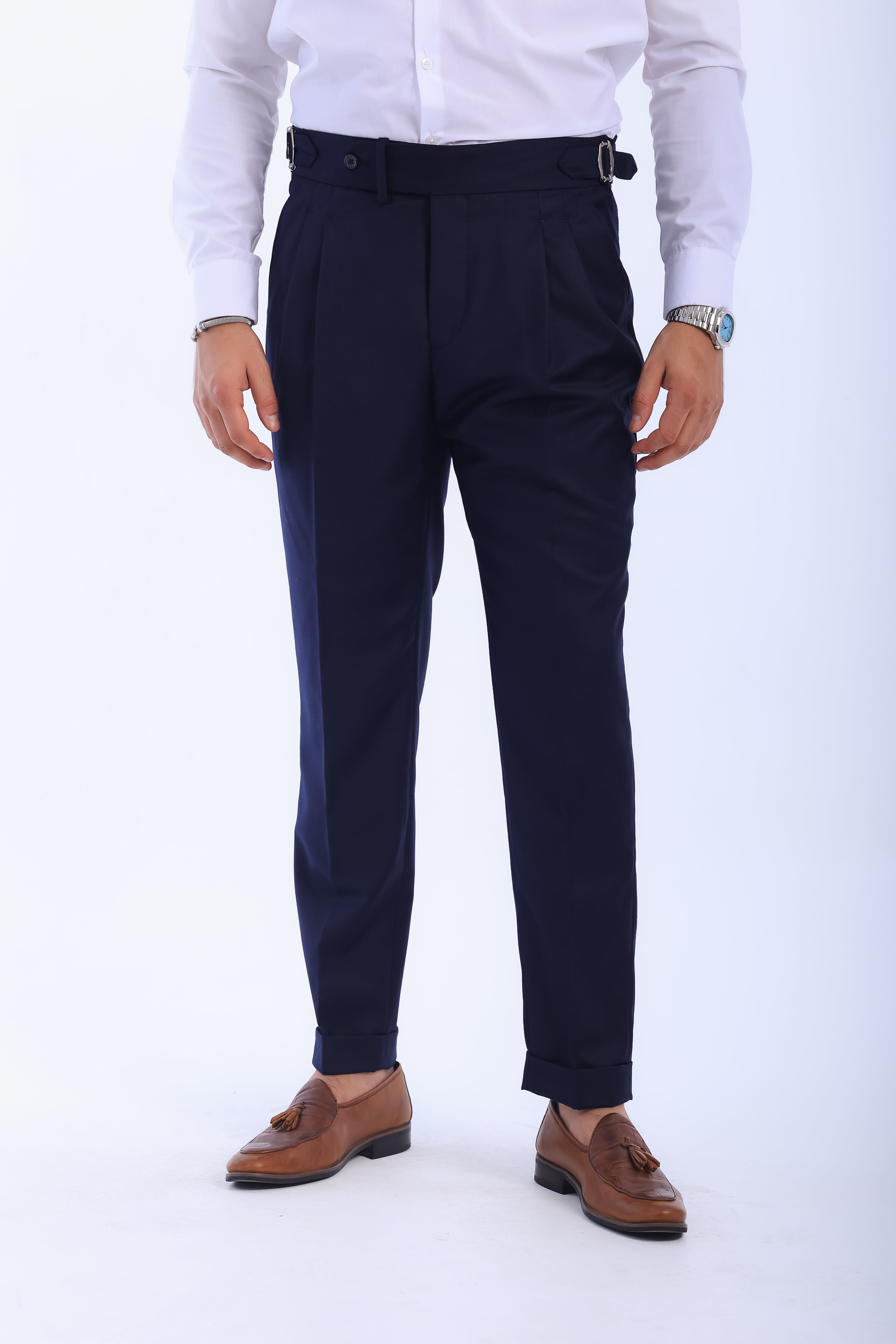 one button hight waist gurkha trousers-Navy