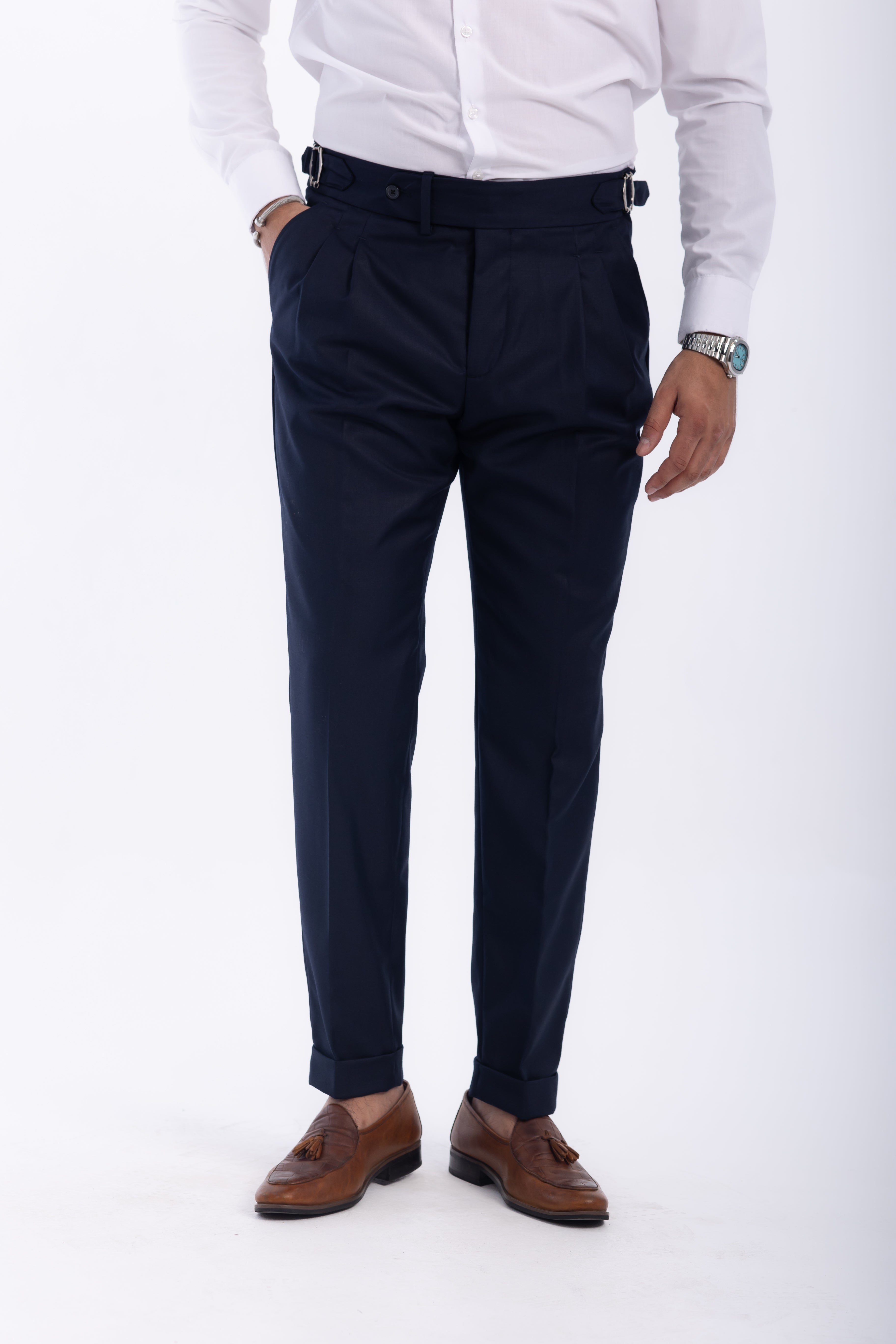 one button hight waist gurkha trousers-Navy