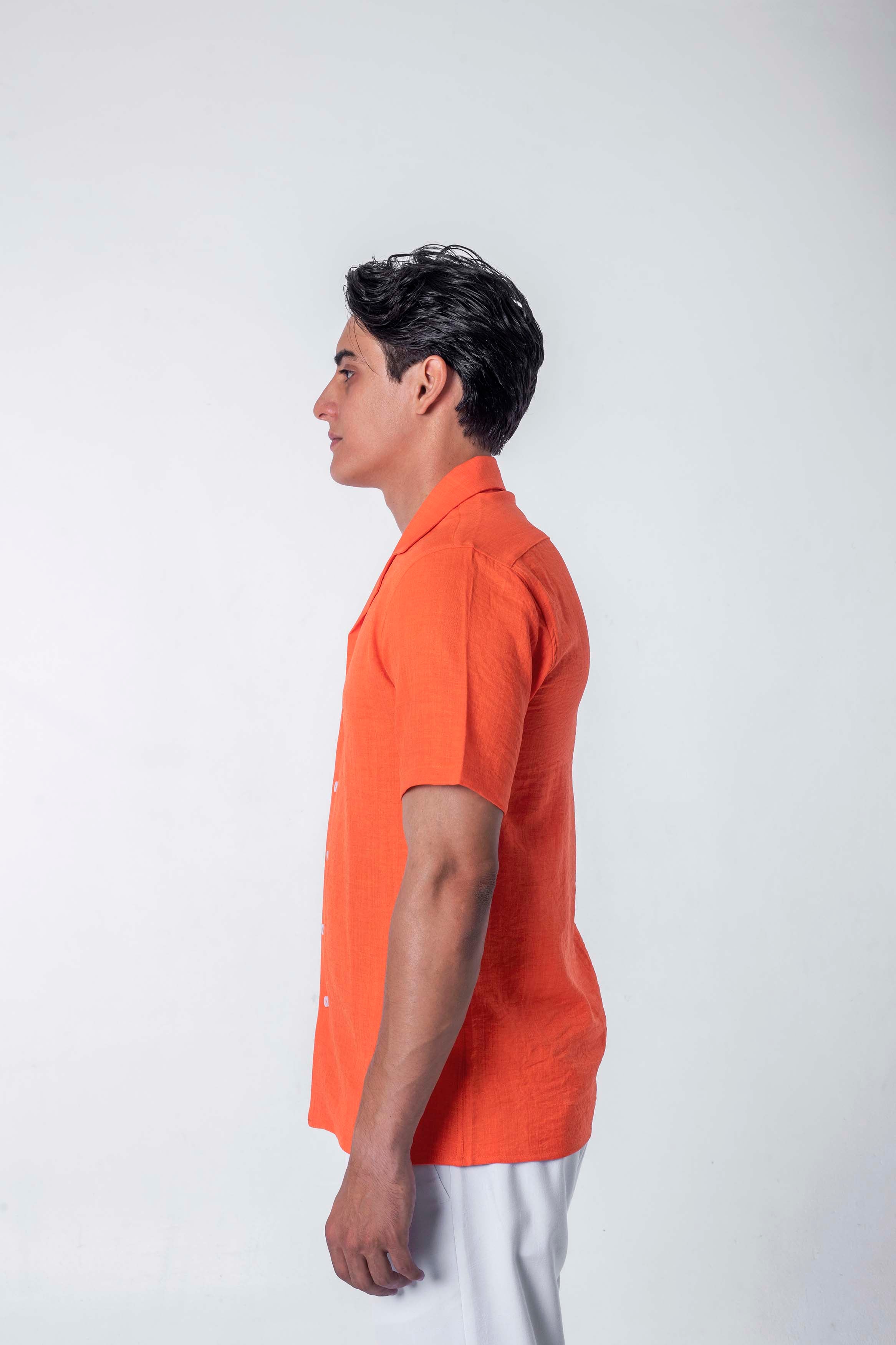 regular  fit camp  collar  linen sleeve short - Orange