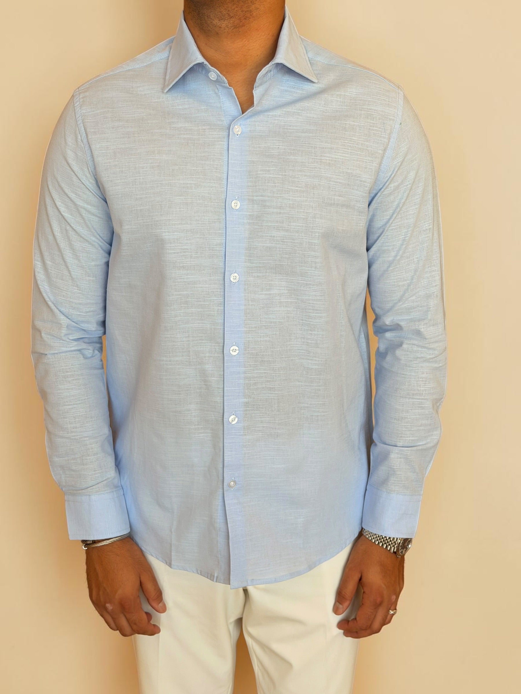 Spread collar pure linen chemise - Baby blue