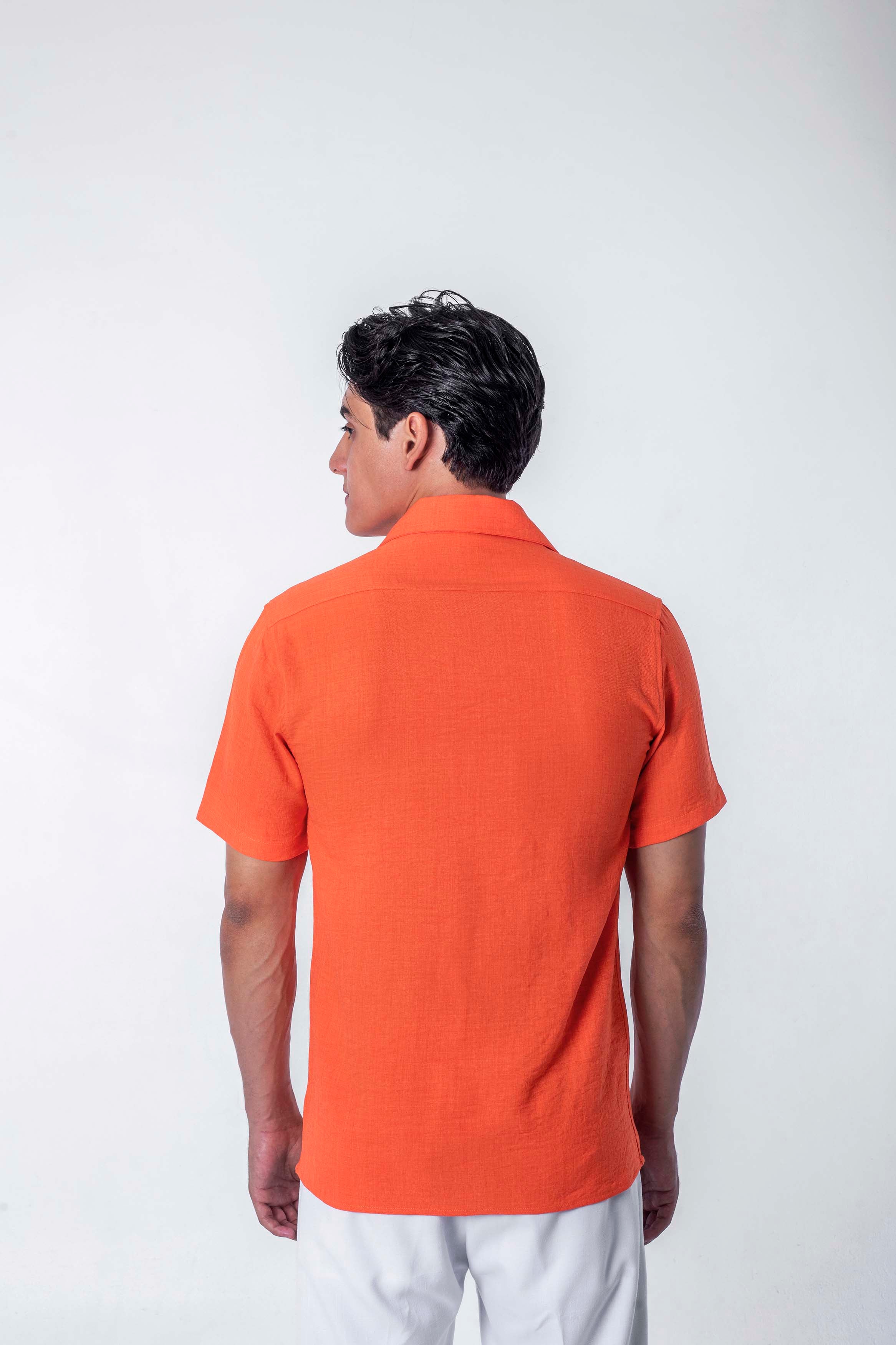 regular  fit camp  collar  linen sleeve short - Orange