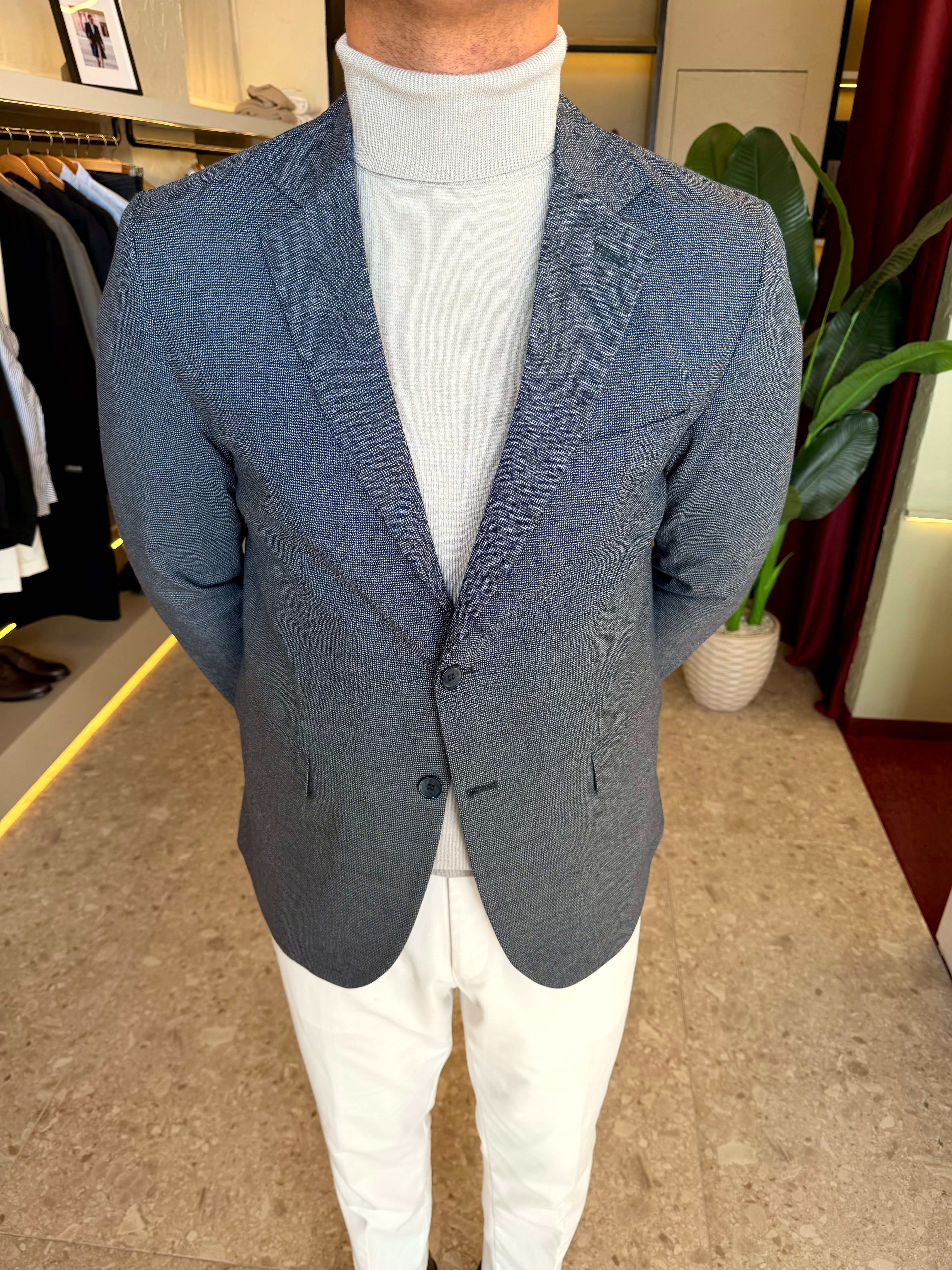 Houndstooth Tailored Blazer - Navy