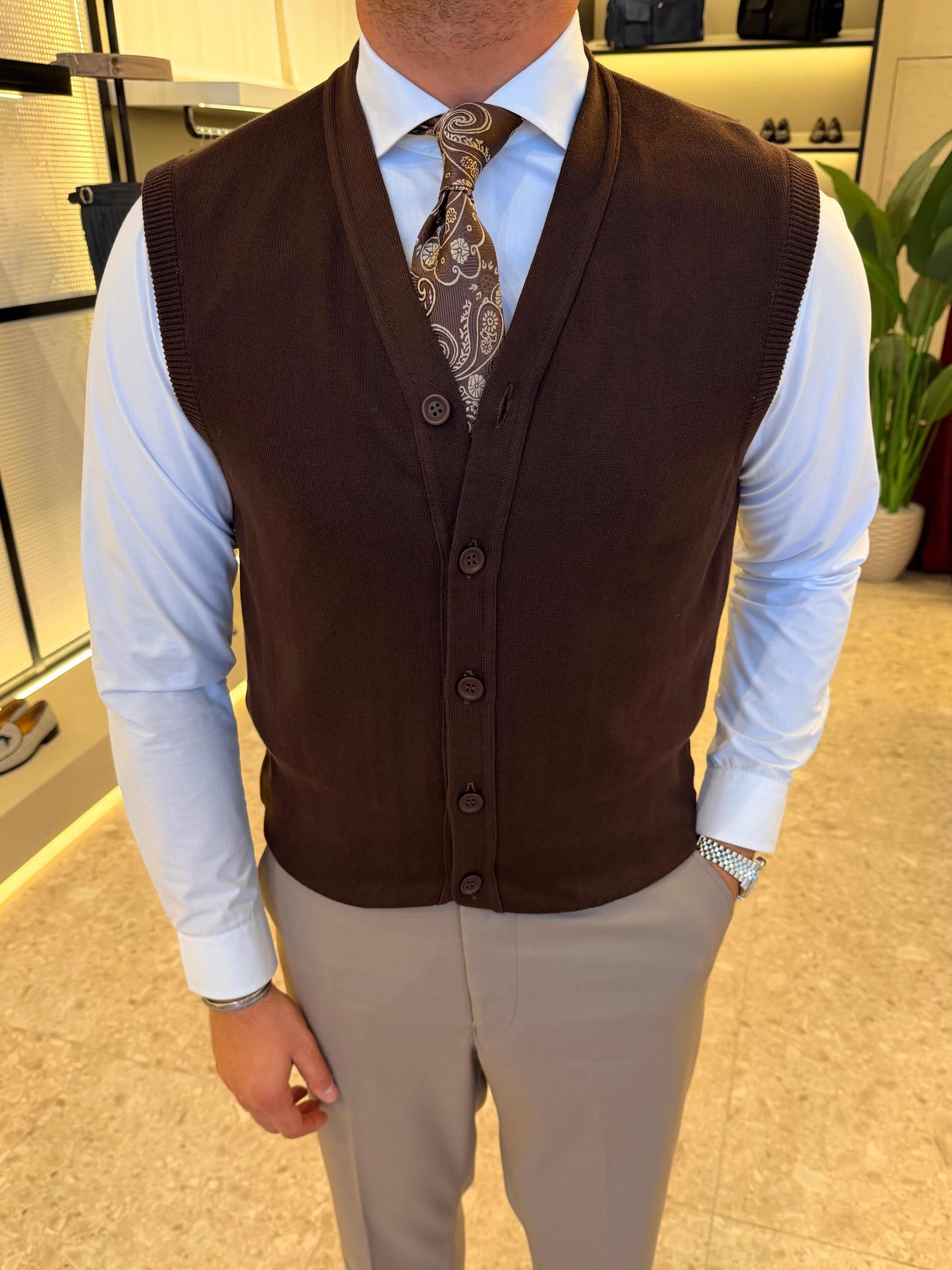 Knitted Button Vest - Brown