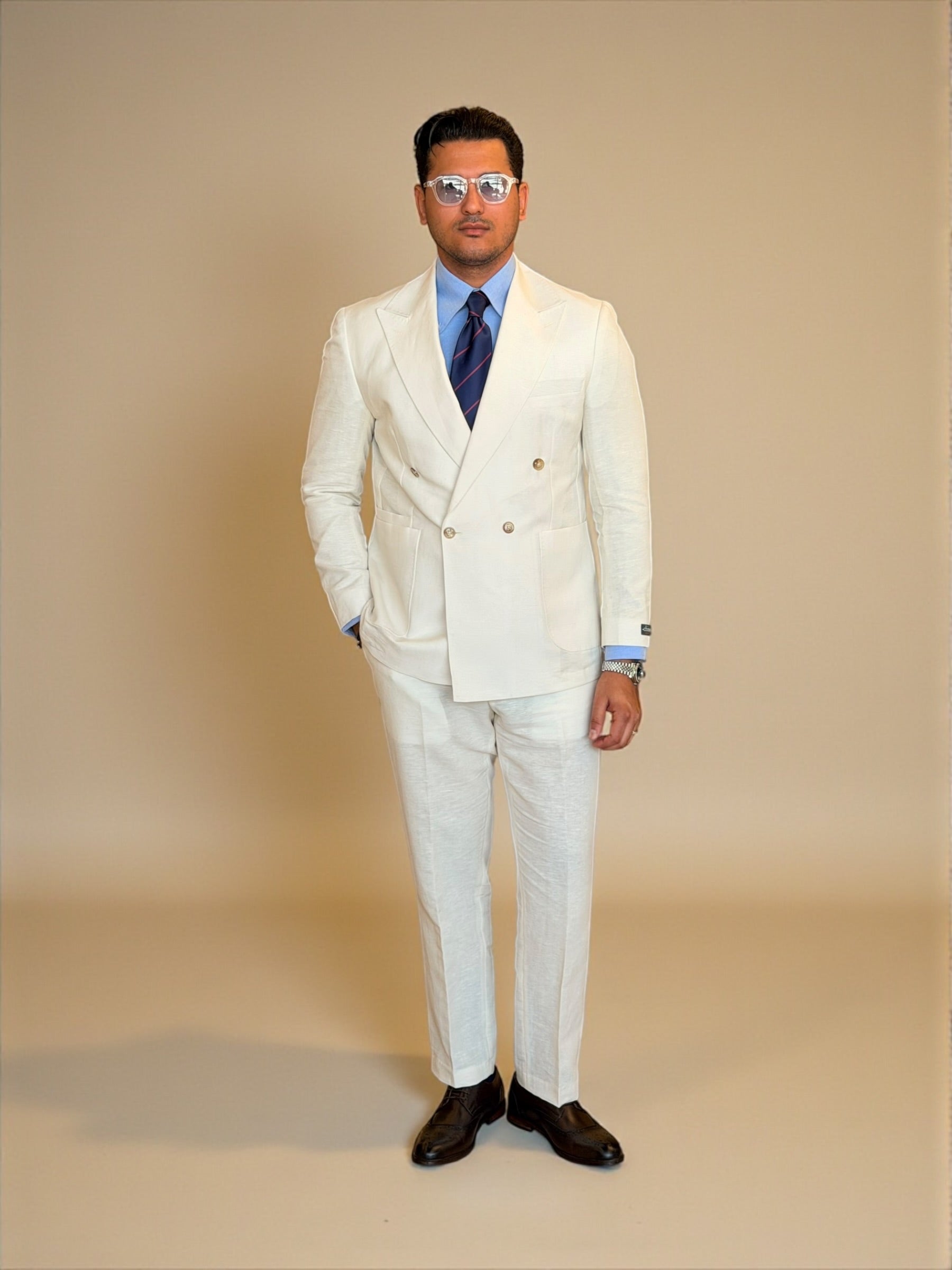Pure linen Four button double breasted suit - Off white