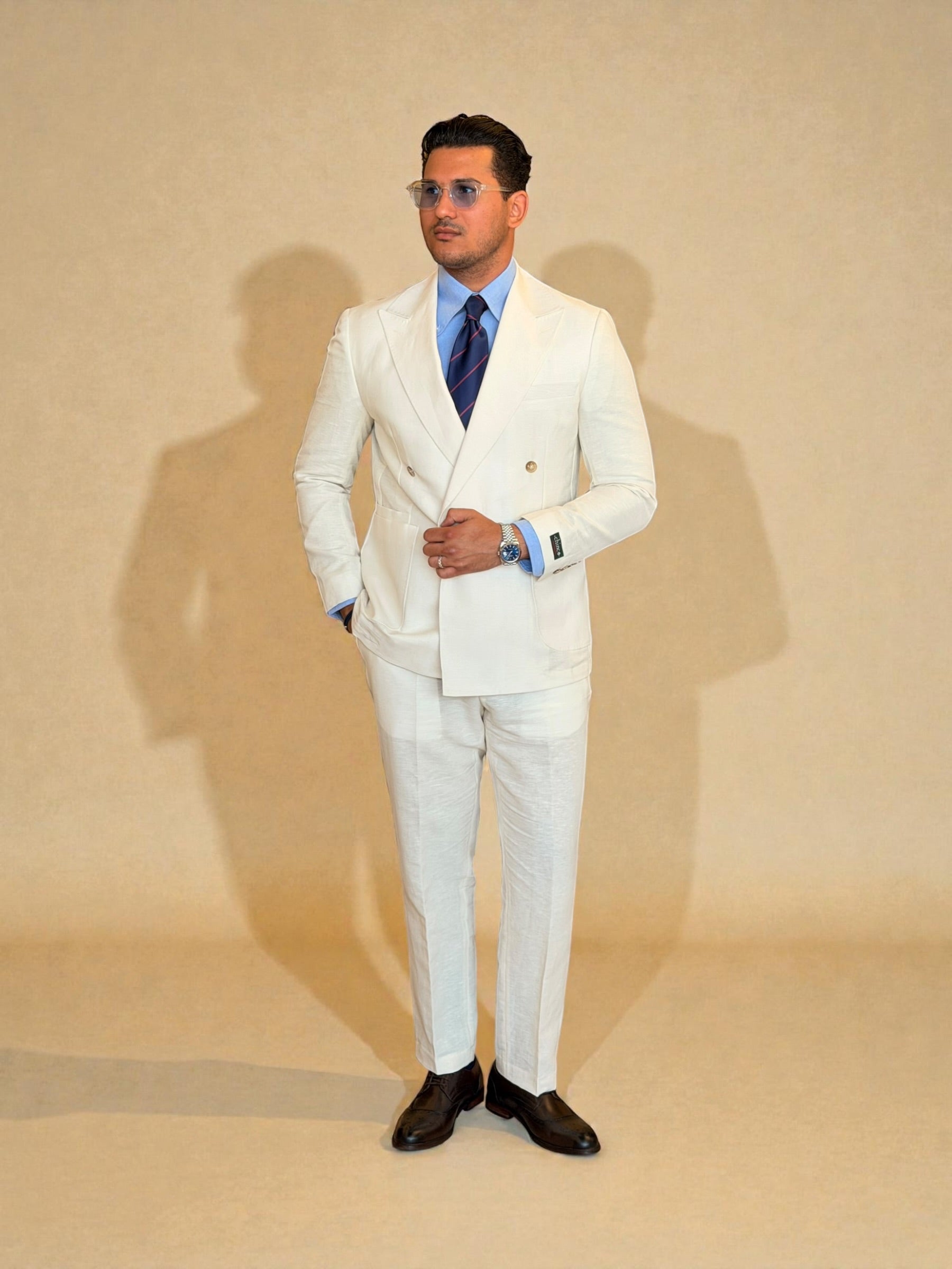 Pure linen Four button double breasted suit - Off white