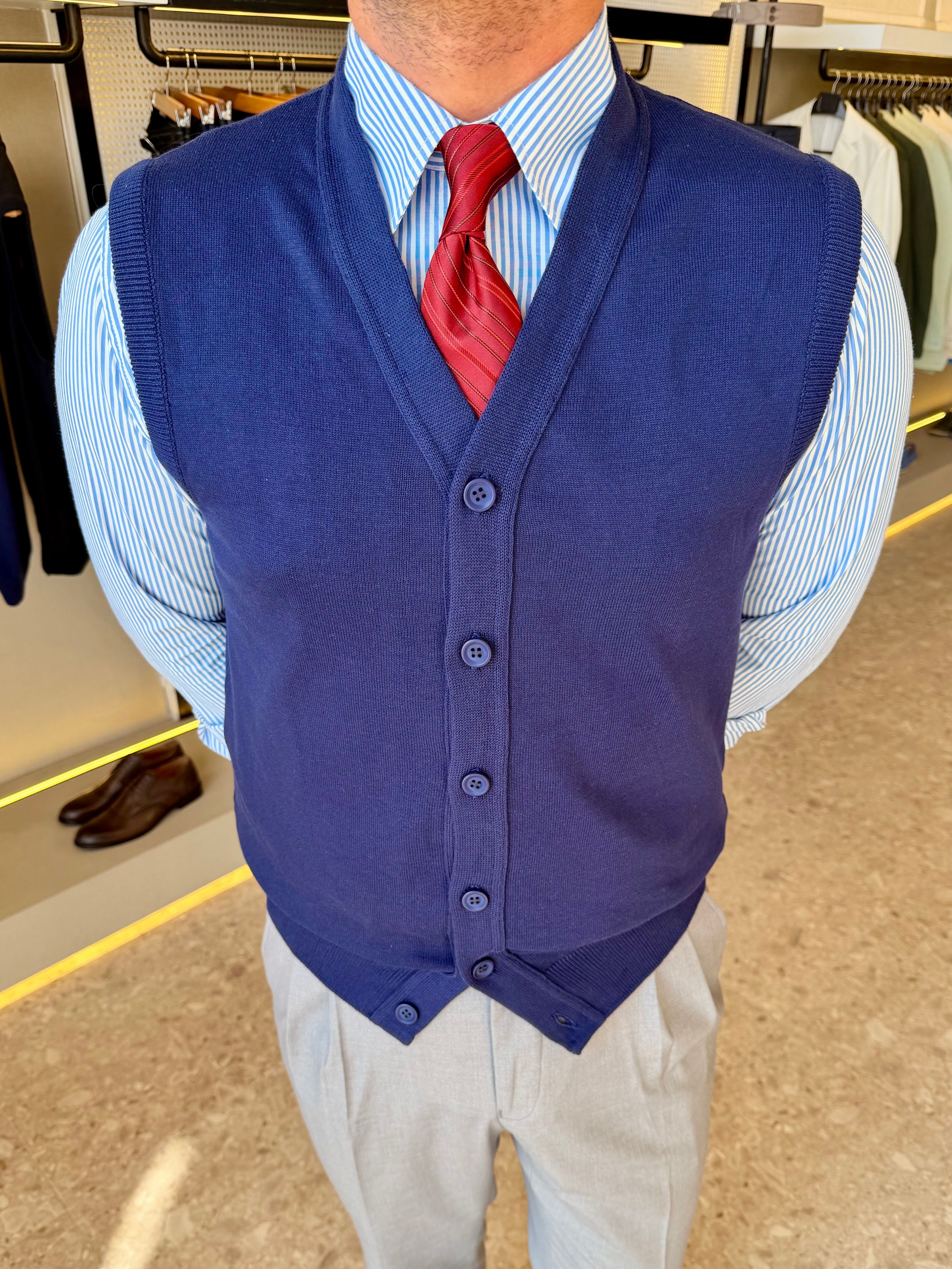 Knitted Button Vest - Navy