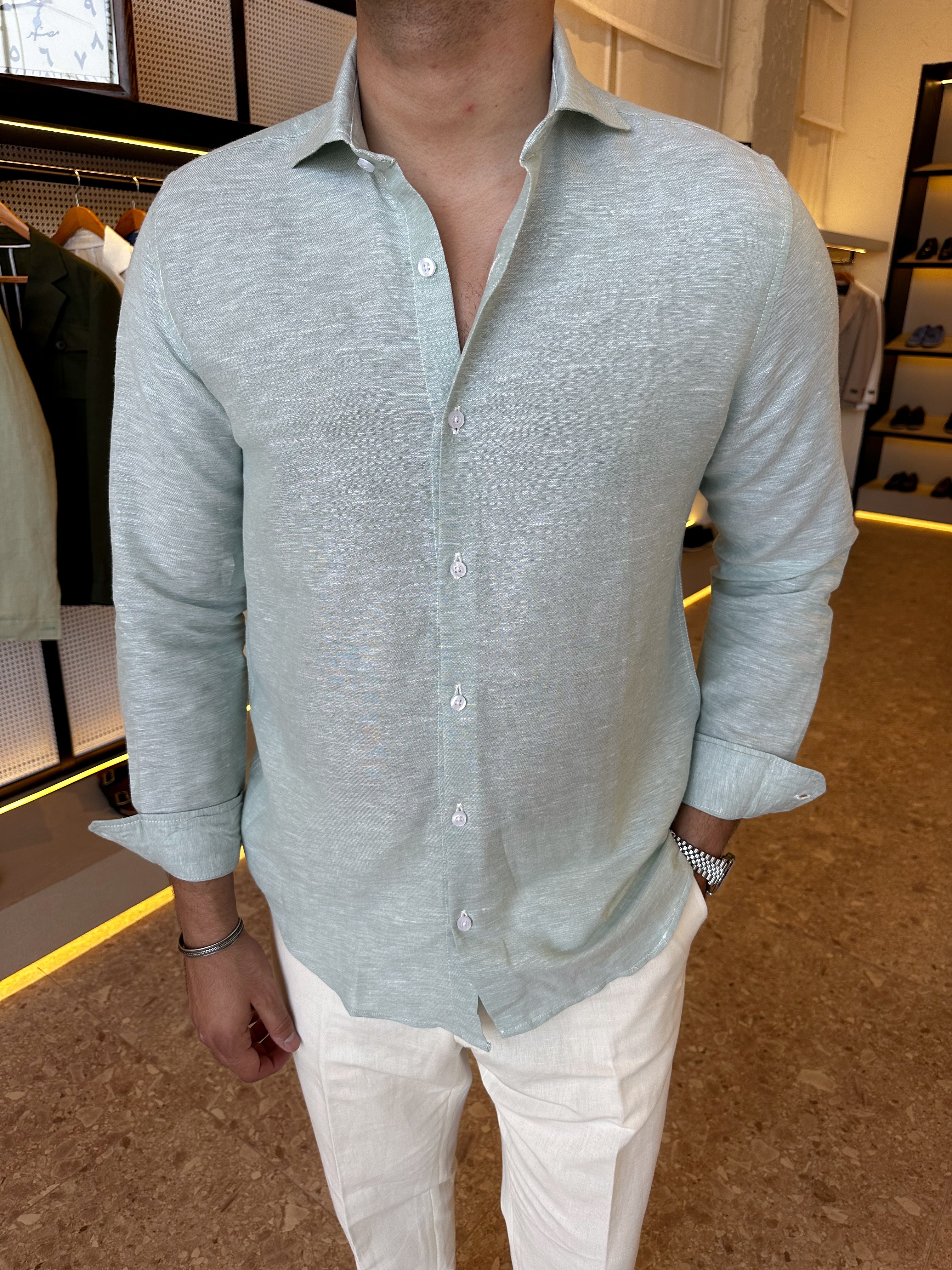 Spread collar pure linen chemise - green