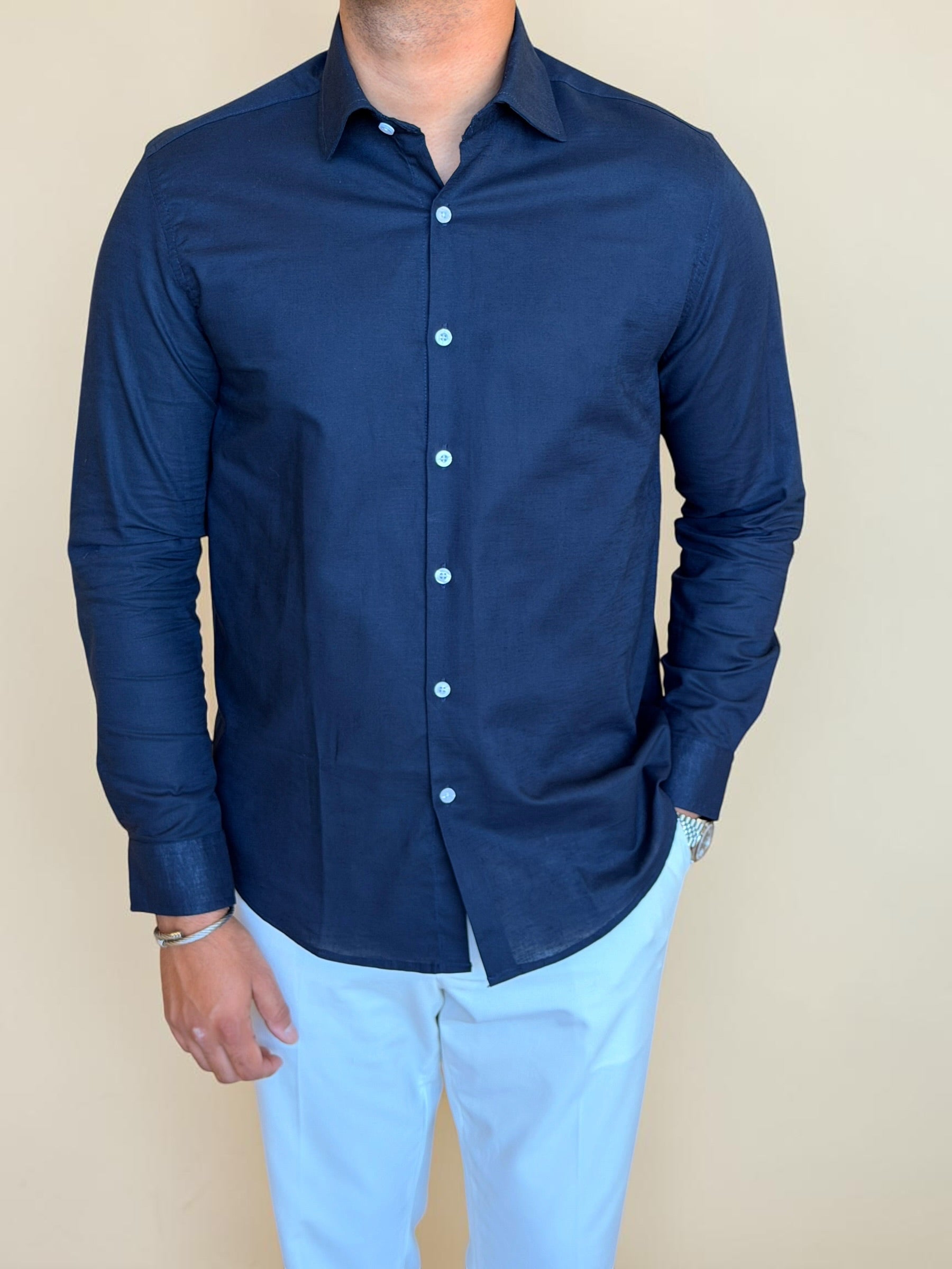 Spread collar pure linen chemise - Navy