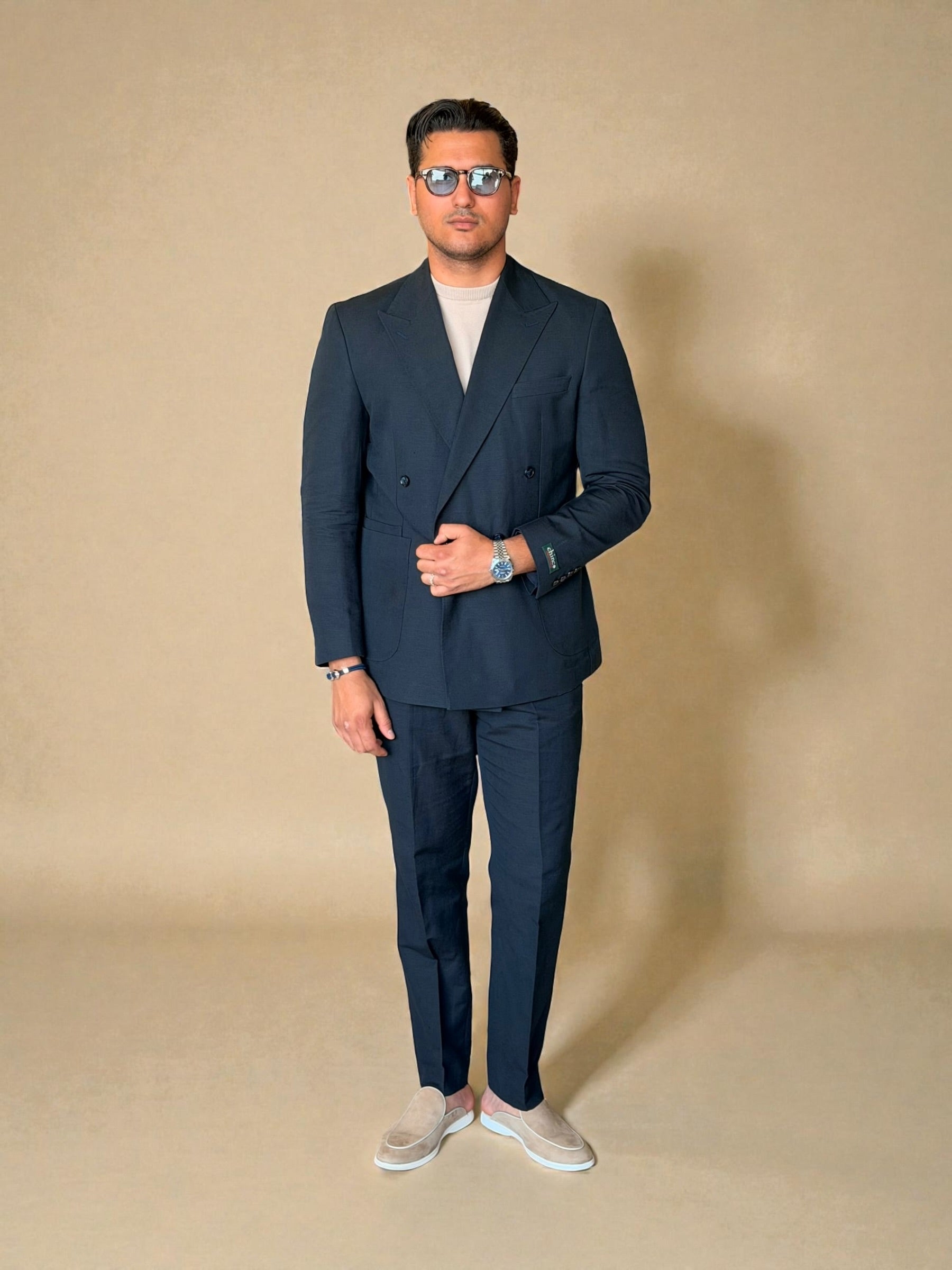 Pure linen Four button double breasted suit - Navy
