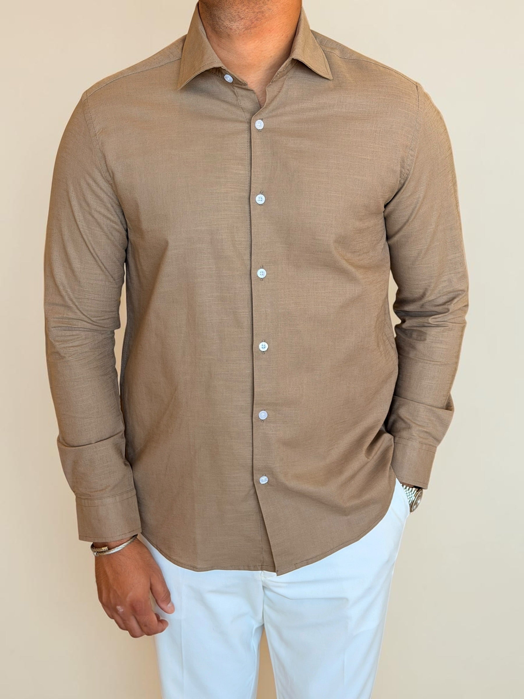 Spread collar pure linen chemise - Cacao