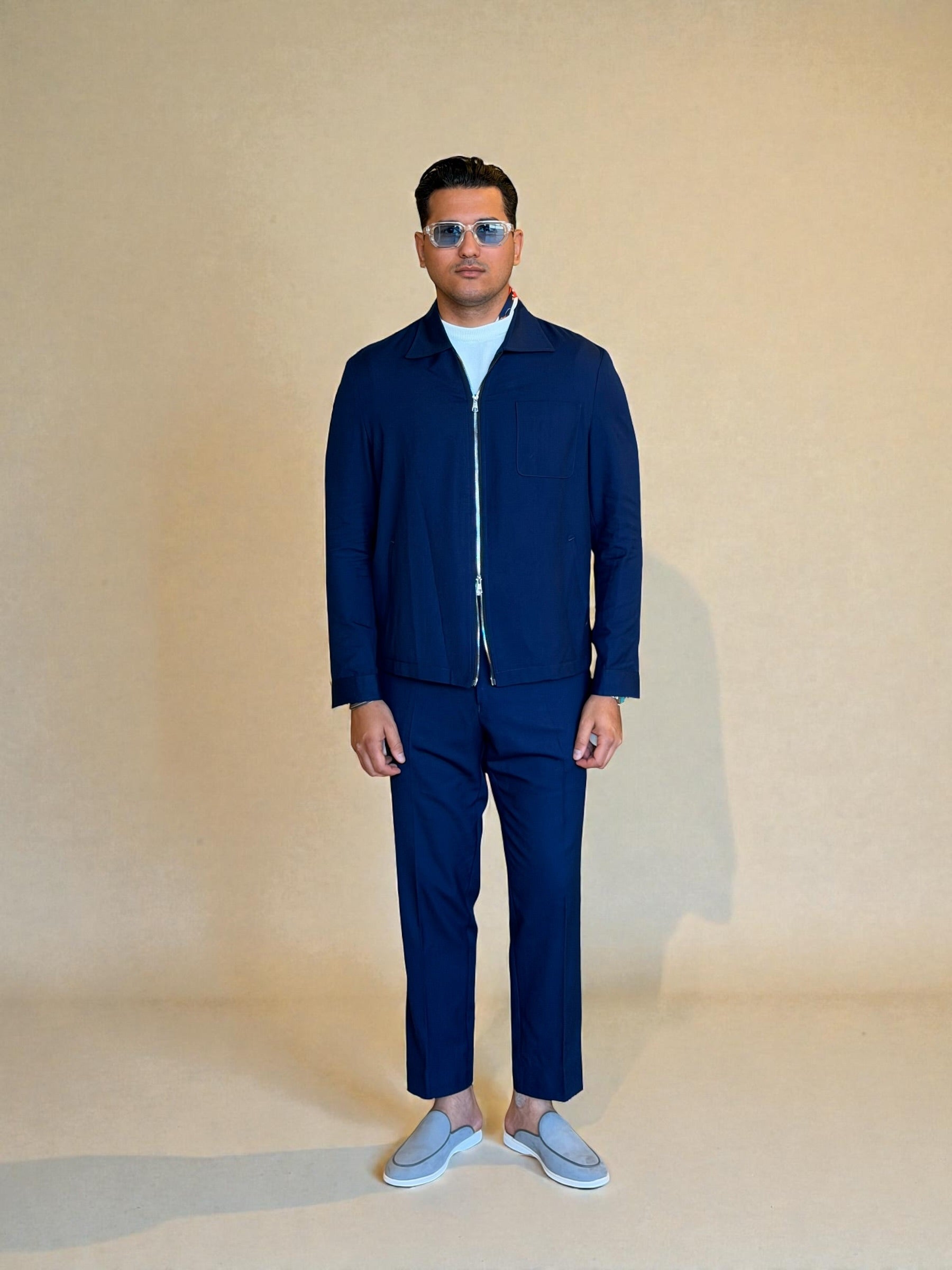 Dual zipper linen set - Navy