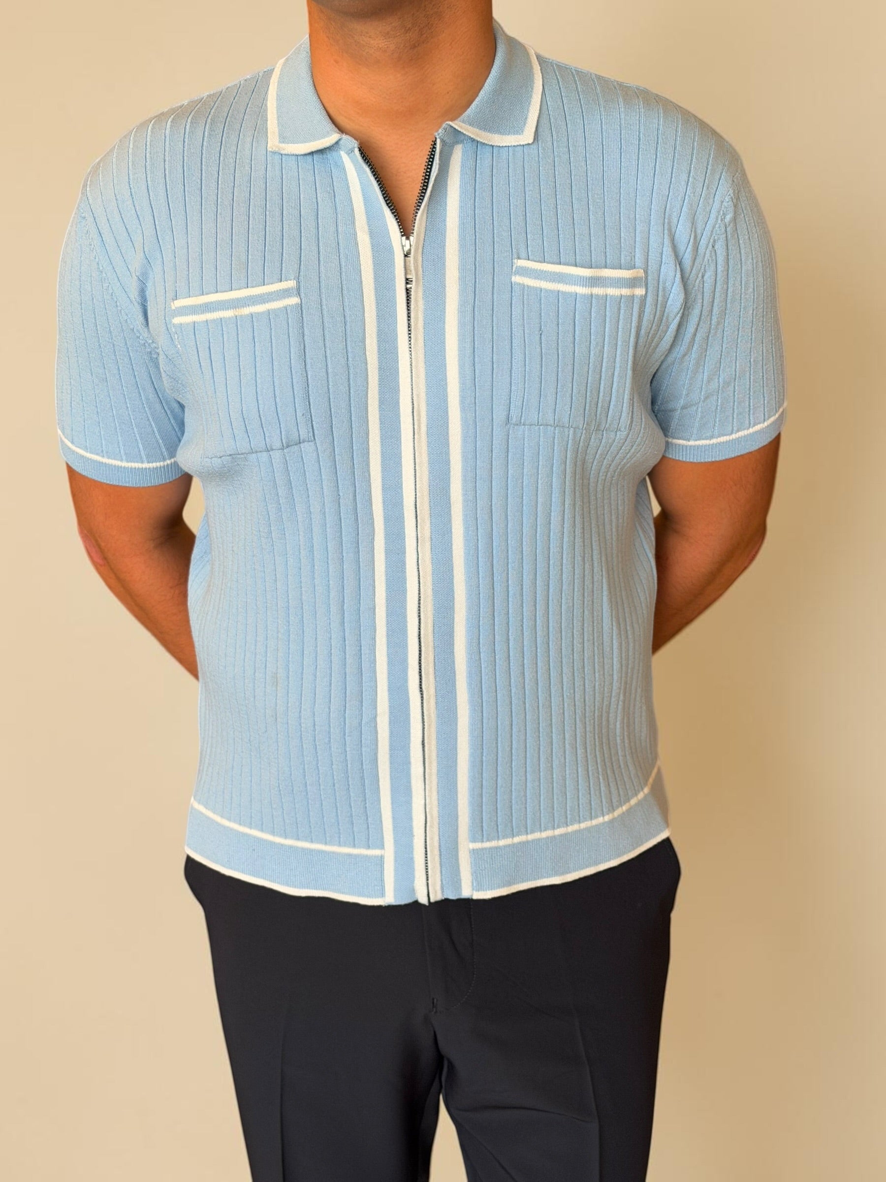 Zipper knitted polo - Baby blue
