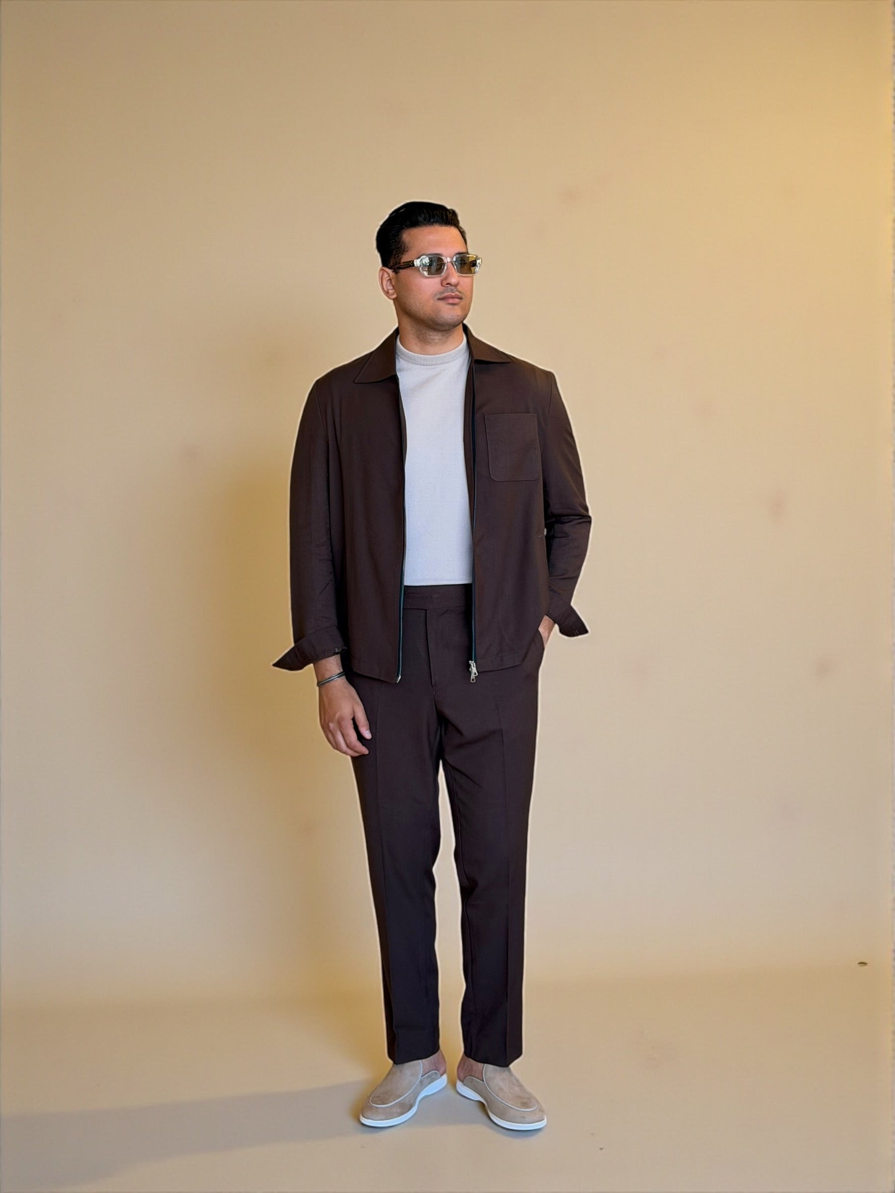 Dual zipper linen set - Brown