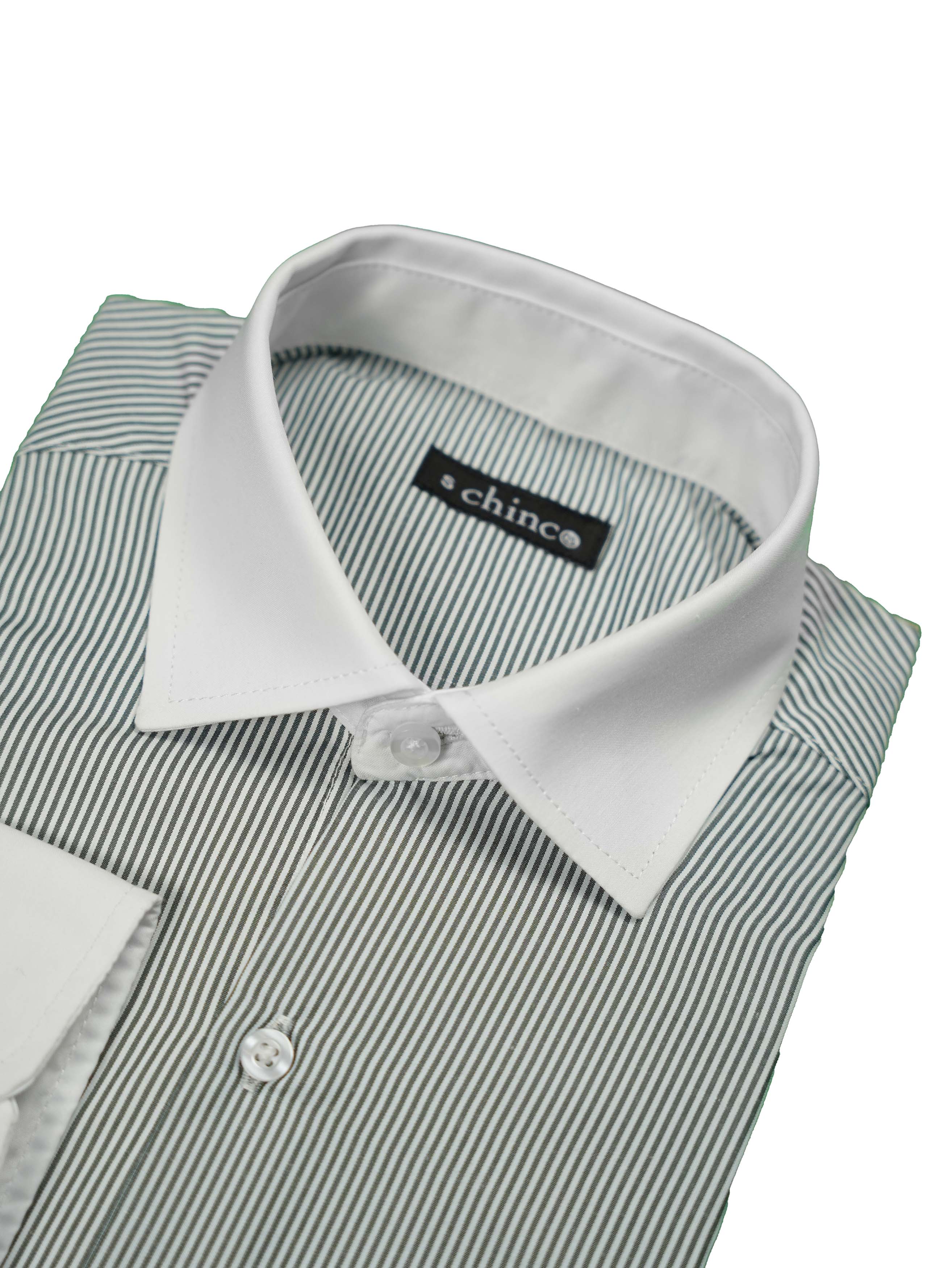 SPREAD COLLAR CHEMISE-GREEN STRIPE