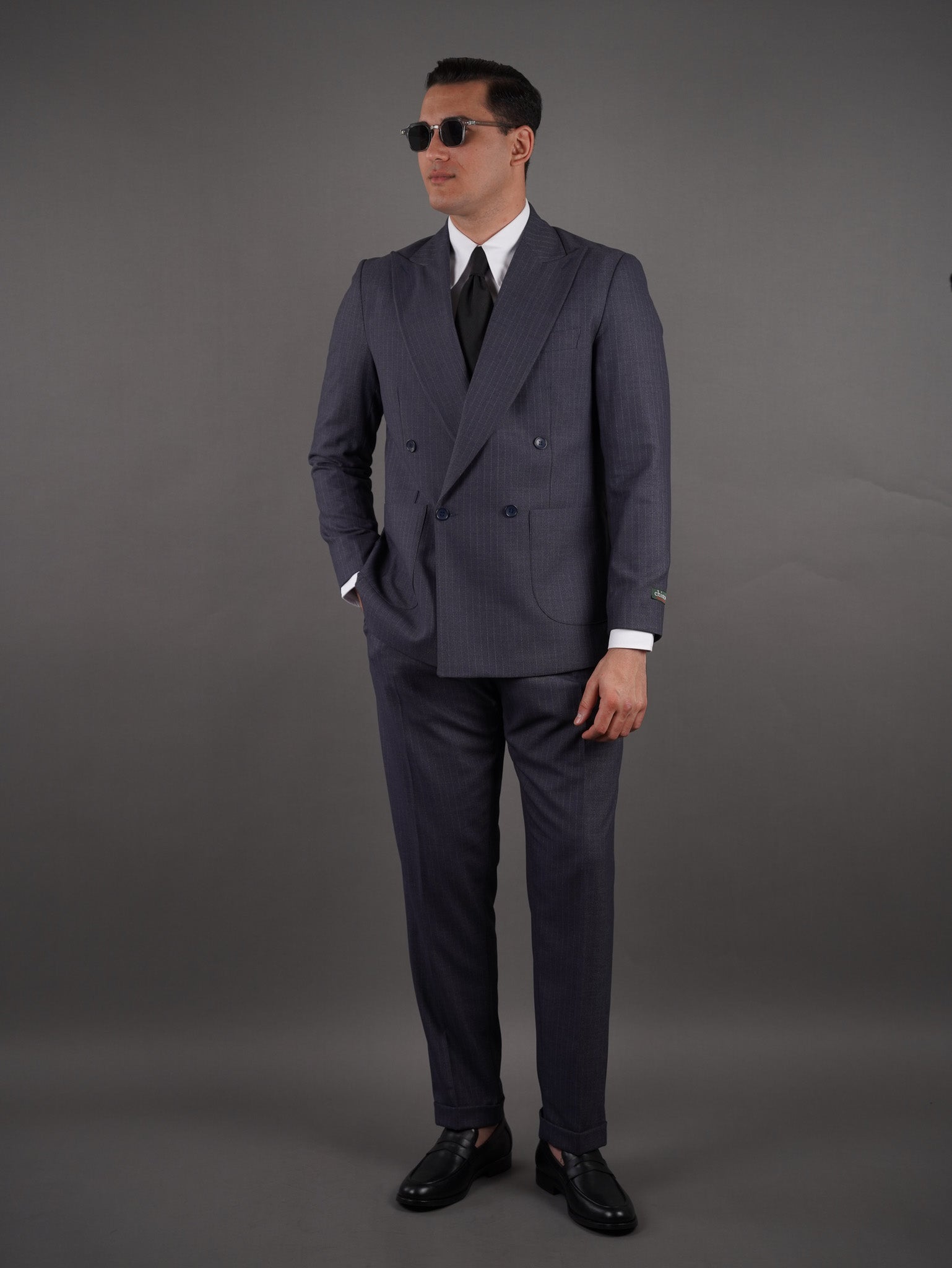 Four-Button Double-Breasted suit - gray striped