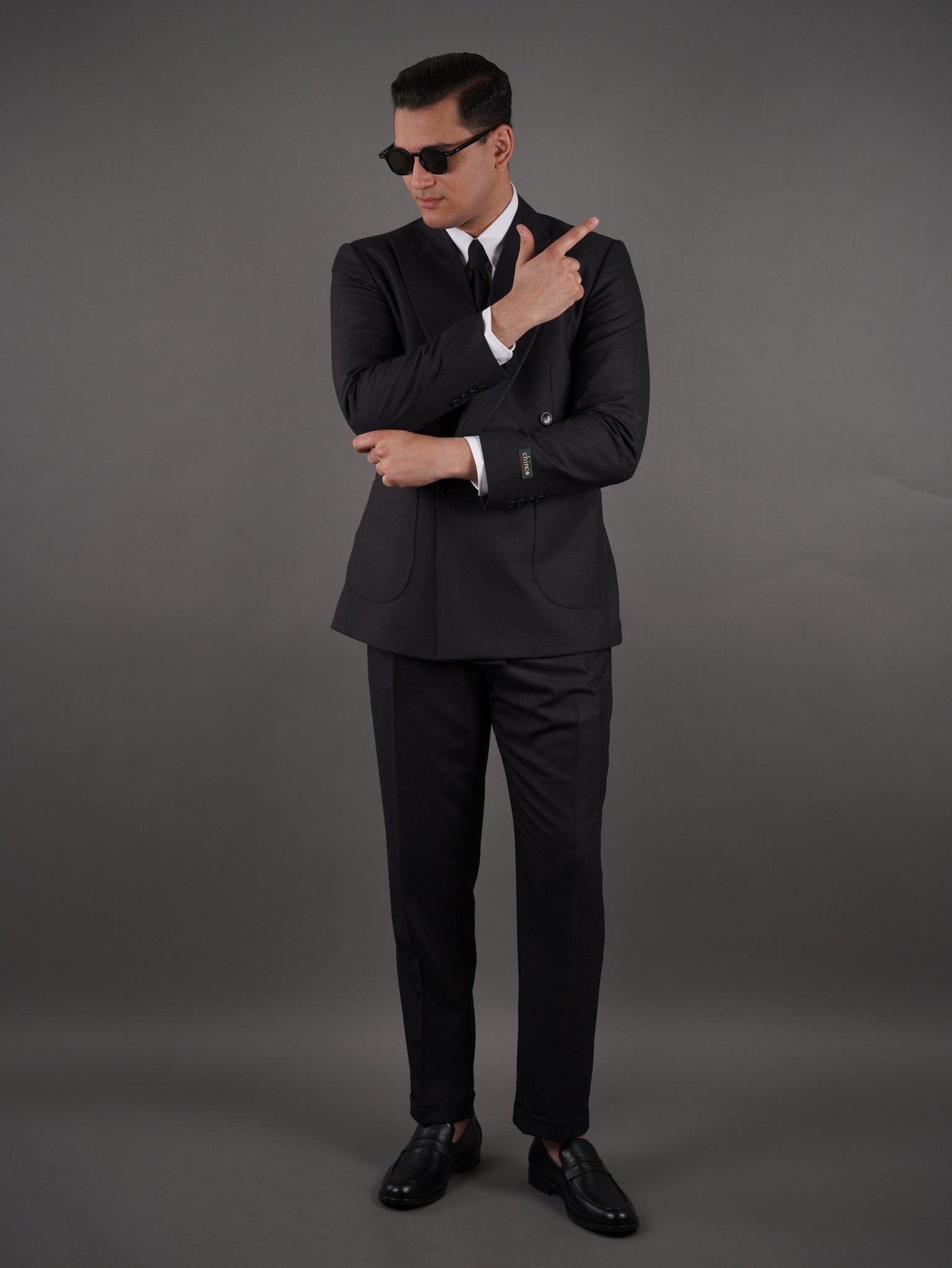 Four-Button Double-Breasted suit - black striped
