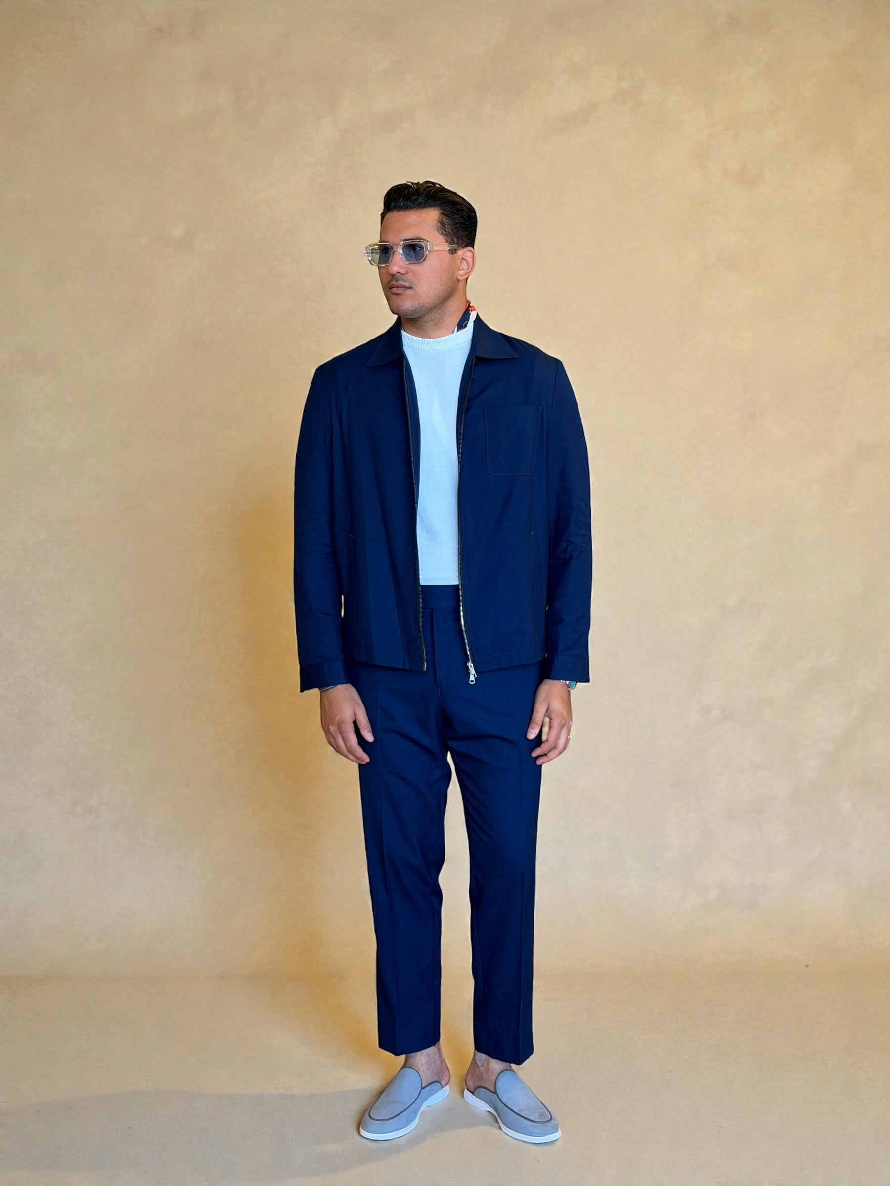 Dual zipper linen set - Navy