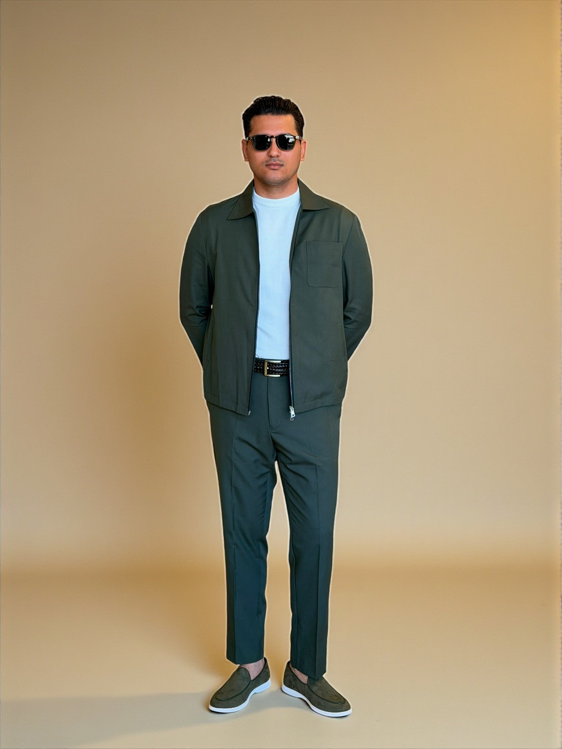 Dual zipper linen set - Olive