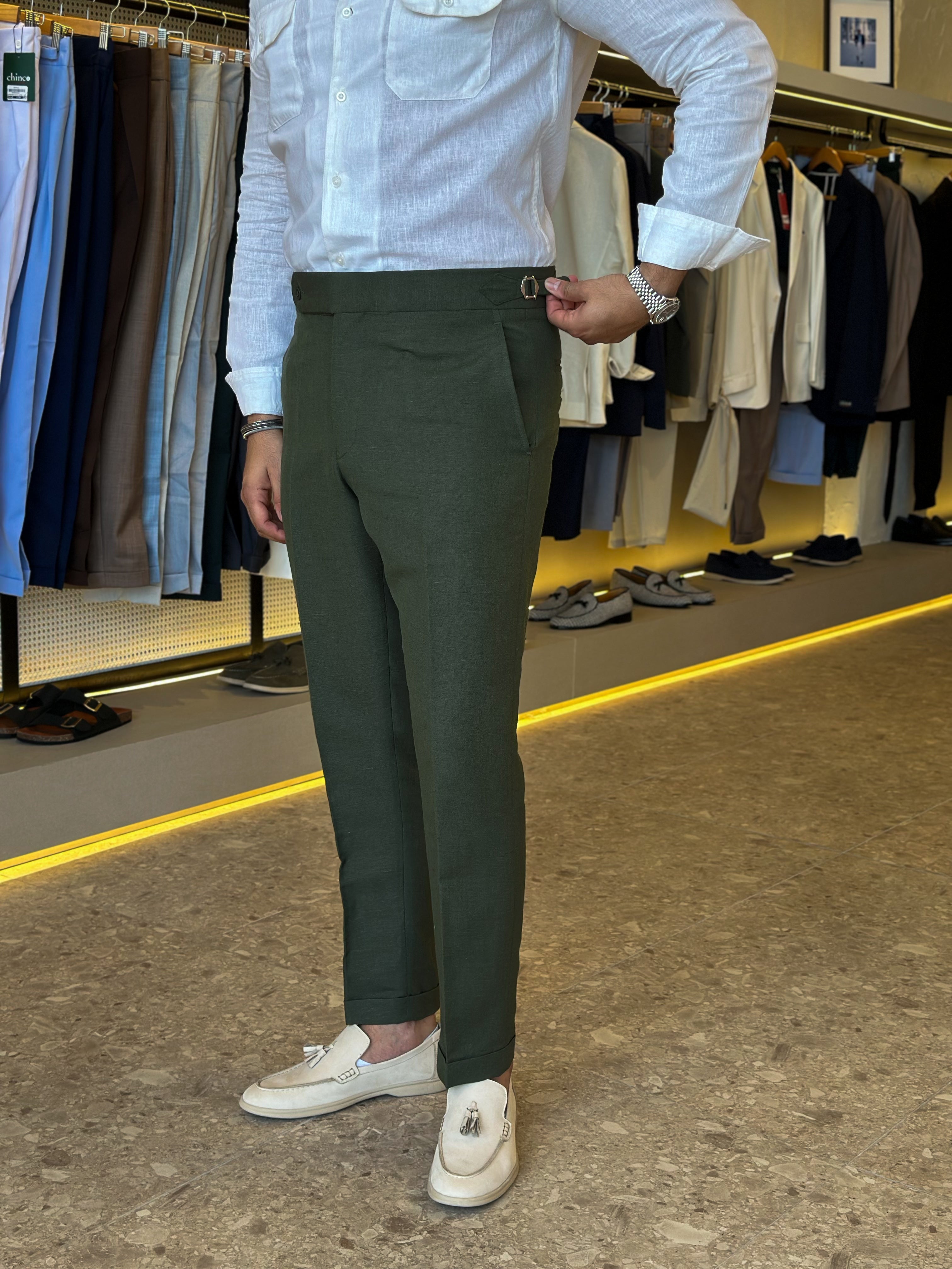 Chino hight waist pure linen trouser - olive