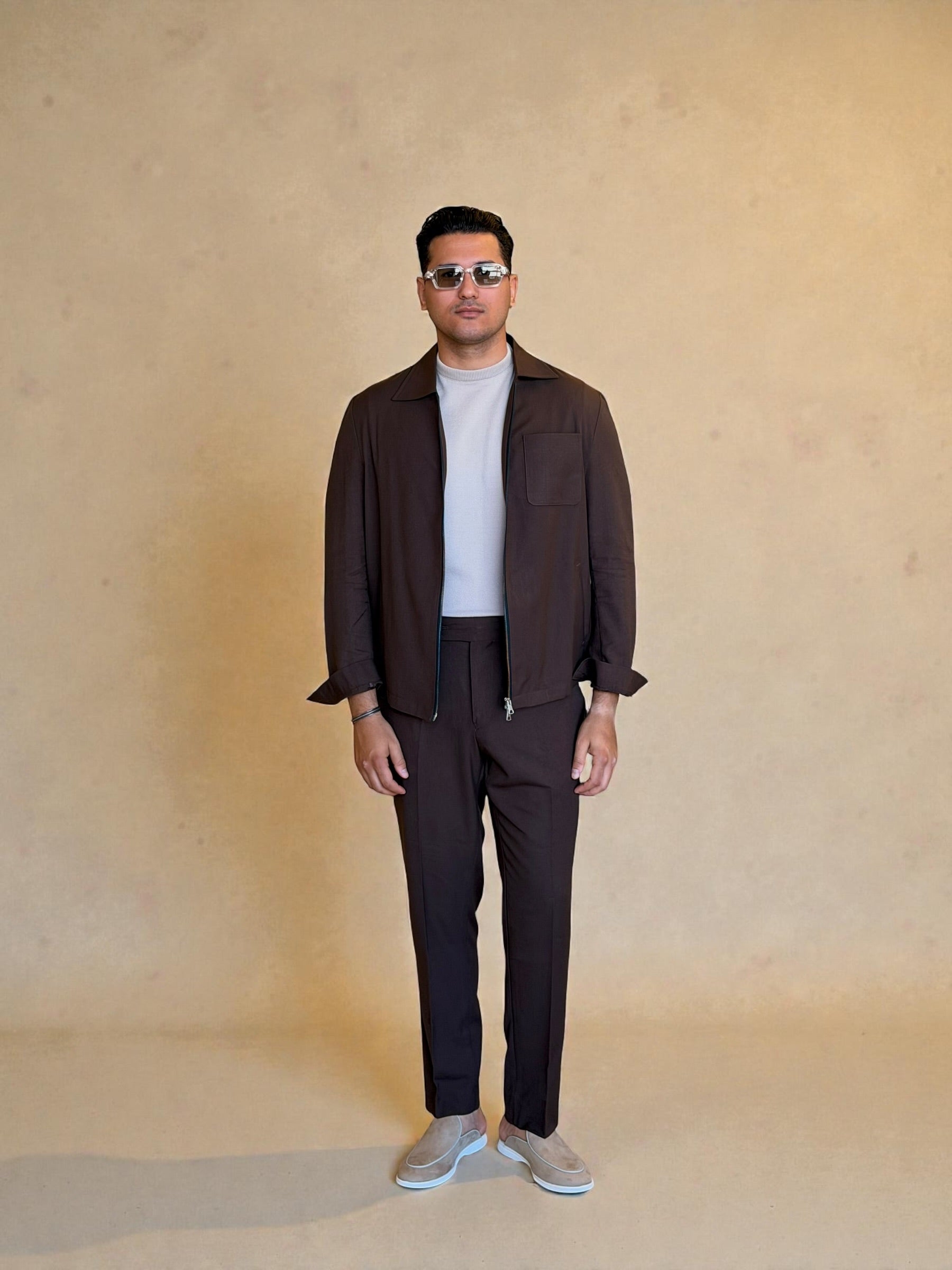 Dual zipper linen set - Brown