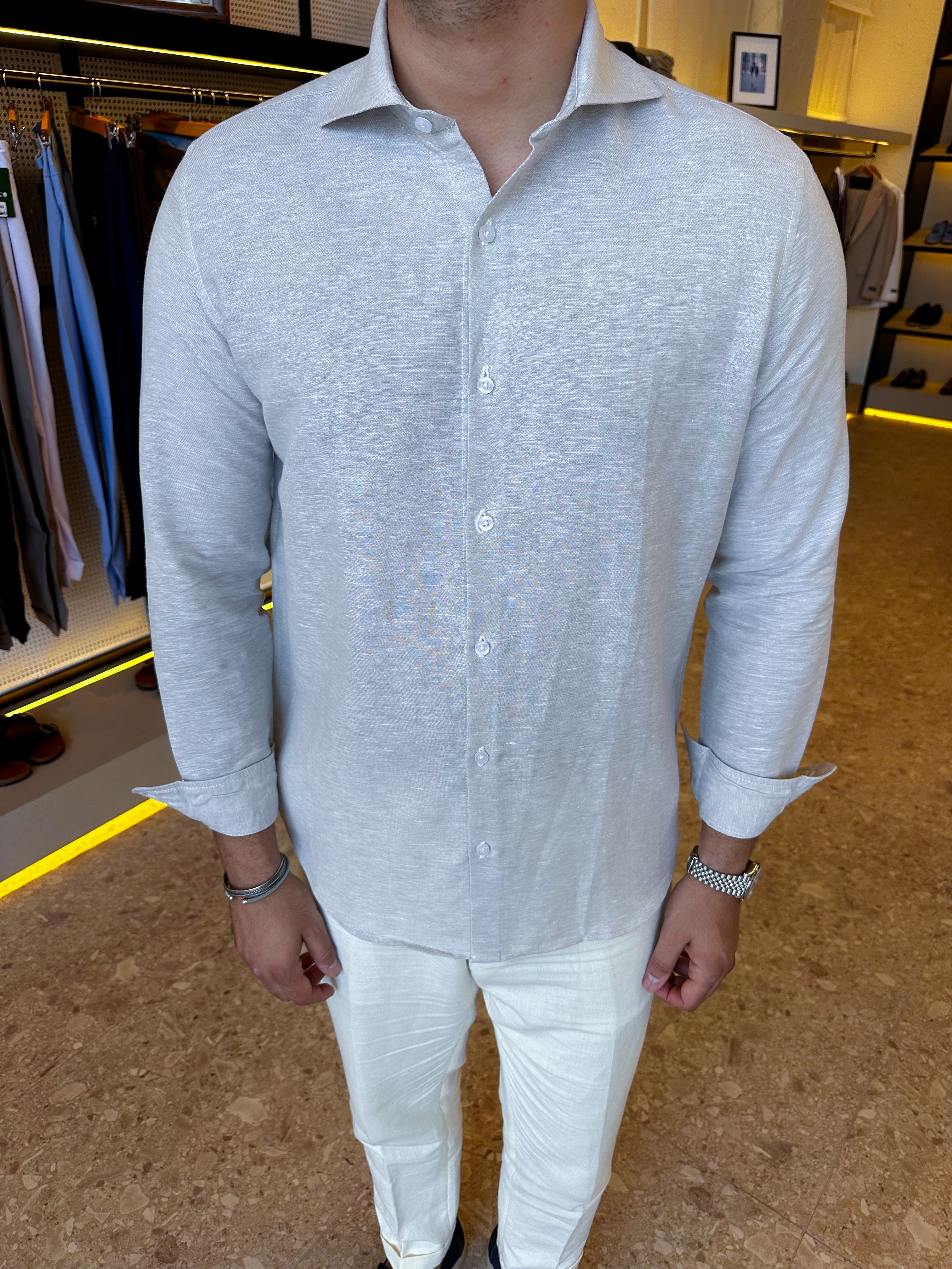 Spread collar pure linen chemise - gray