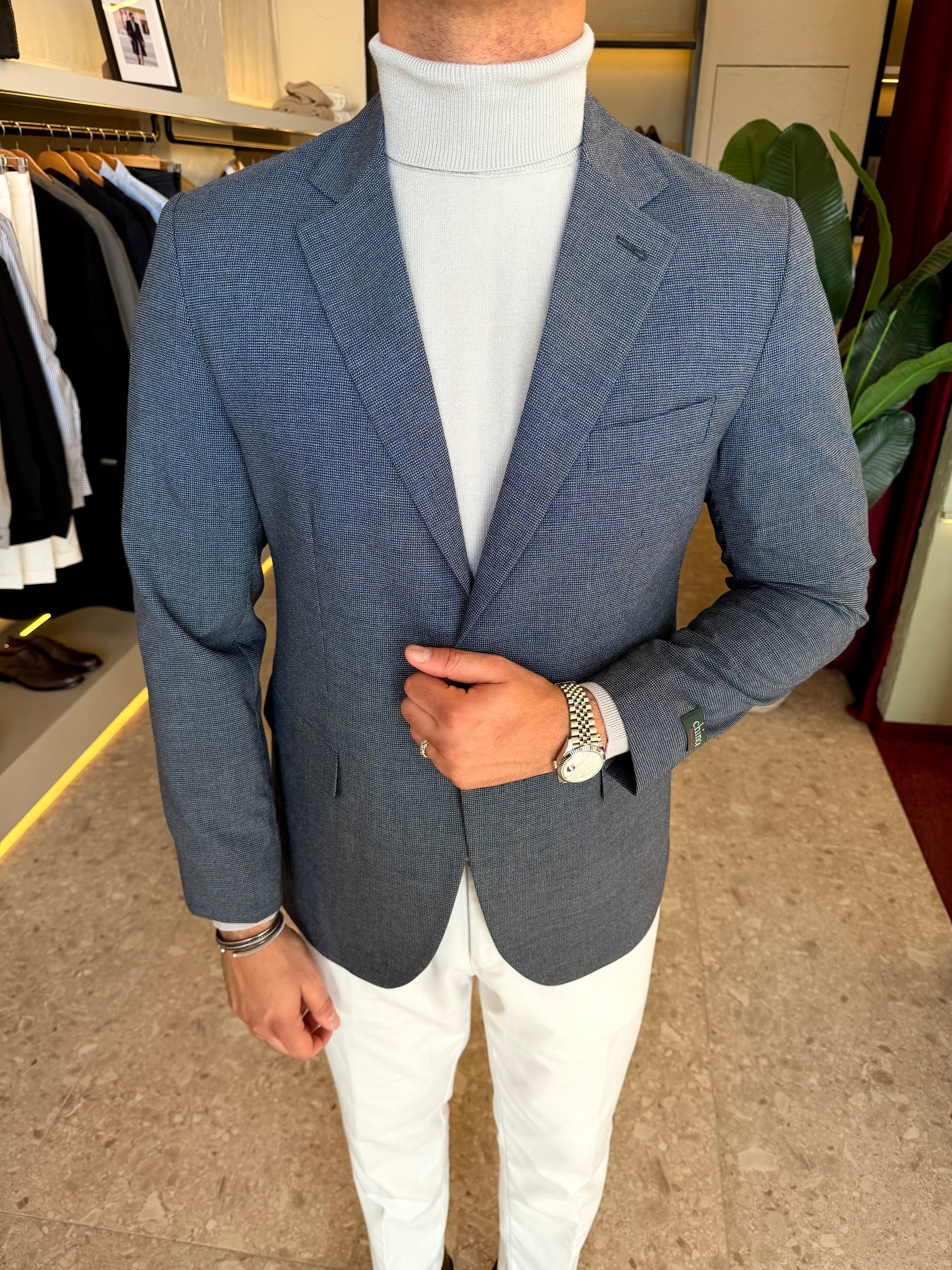 Houndstooth Tailored Blazer - Navy