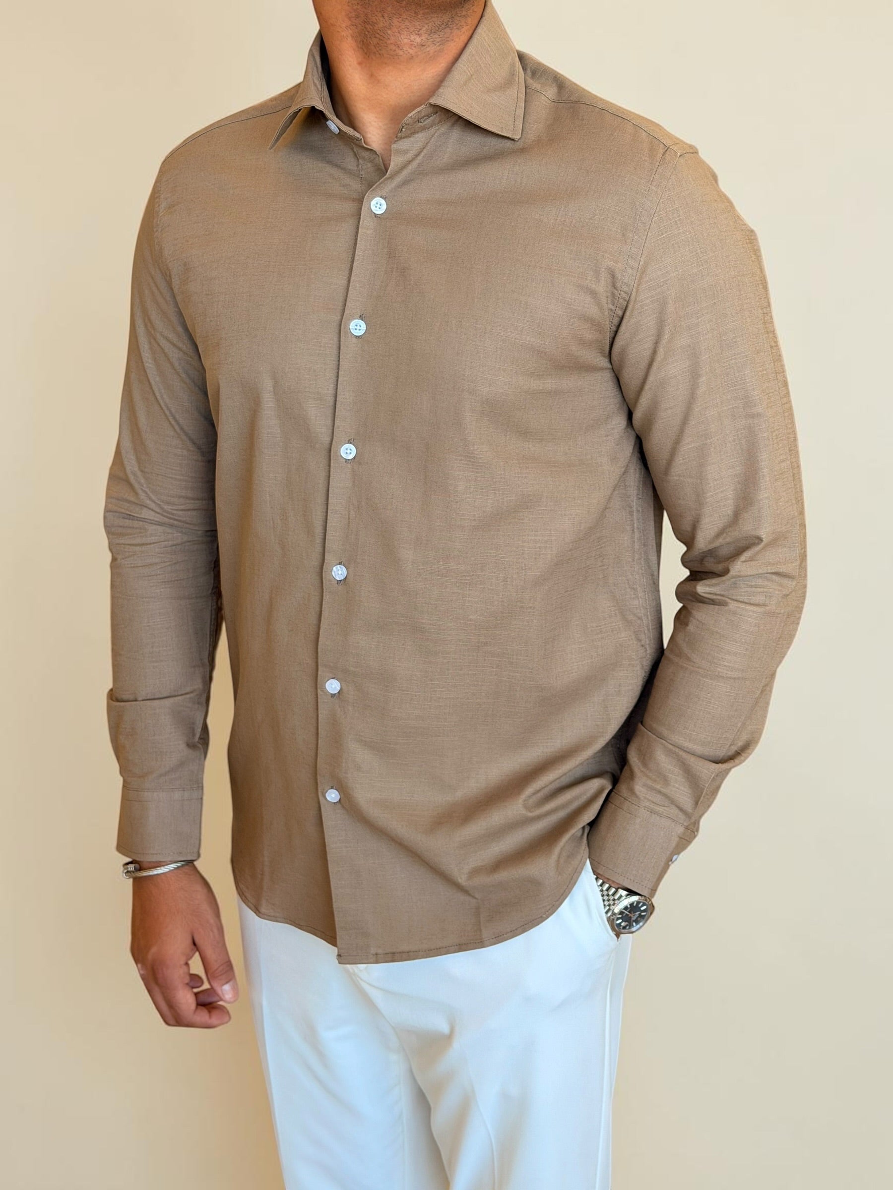 Spread collar pure linen chemise - Cacao